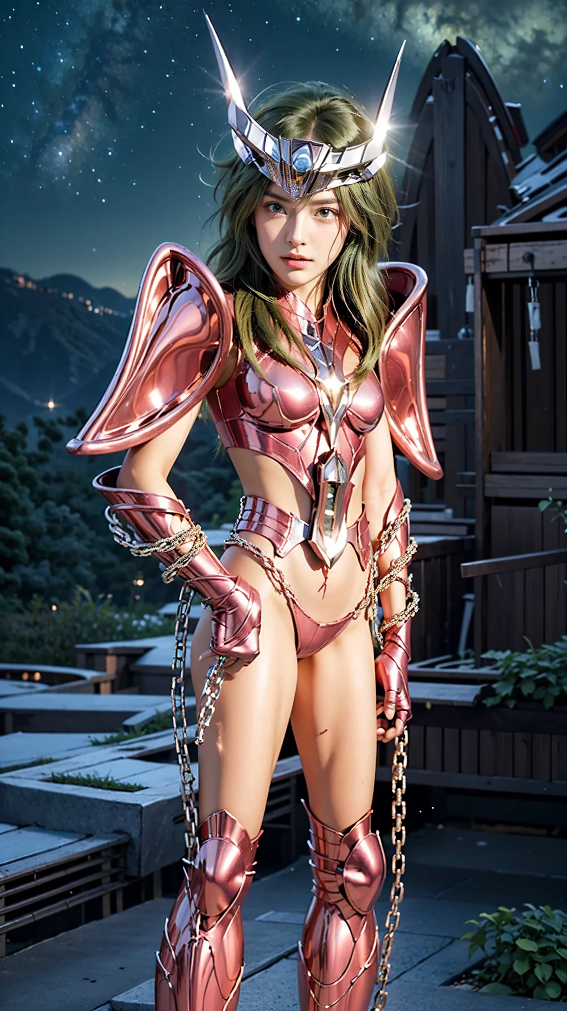 masterpiece, best quality, 超high resolution, Lifelike skin texture, armature, lifelike, high resolution, original photo, shiny skin, Lifelike skin texture, best lighting, spark, dramatic lighting, dynamic poses, starry sky background, night sky, universe, Milky Way, 1 girl, balanced eyes, Andromeda Shun, pink armor, chest, split, Green hair, Pink helmet, blue eyes, looking at the audience, Big breasts, faint smile, chain，Show belly