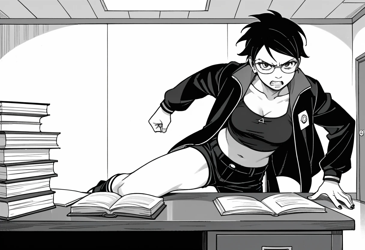 Nsfw, monochrome, manga_source, best background, detailed background, manga, grayscale, uchiha sarada, boruto_two_blue_vortex, post timeskip, Uchiha_sarada, solo, angry, Hitting the desk, desk, black hair, short hair, glasses, beautiful body, medium breasts, sexy legs, mikio ikemoto style, black crop_top, navel, open coat, black tiny shorts, empty bubble spech, hokage's office, 