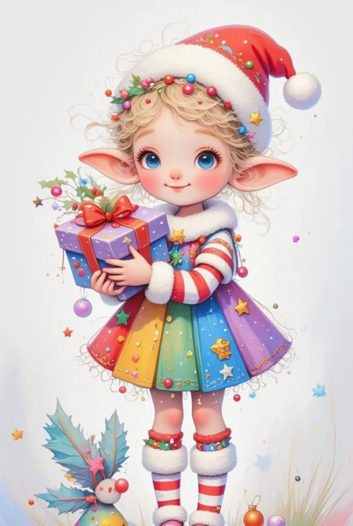 A girl in a Christmas dress is holding a Christmas tree and gifts, Mary Angell (Marie Angel) Pastel painting, Top trending on pixabay, Fantasy Art, little Elf Girl, Elf Girl, teen Elf Girl, Elf Princess,  Elf Beauty , Elf Girl wearing an flower suit, Pokemon tomboy , A little elf, 可爱的数字艺术,  Lovely Detailed Digital Art , Very beautiful portrait of an elf 