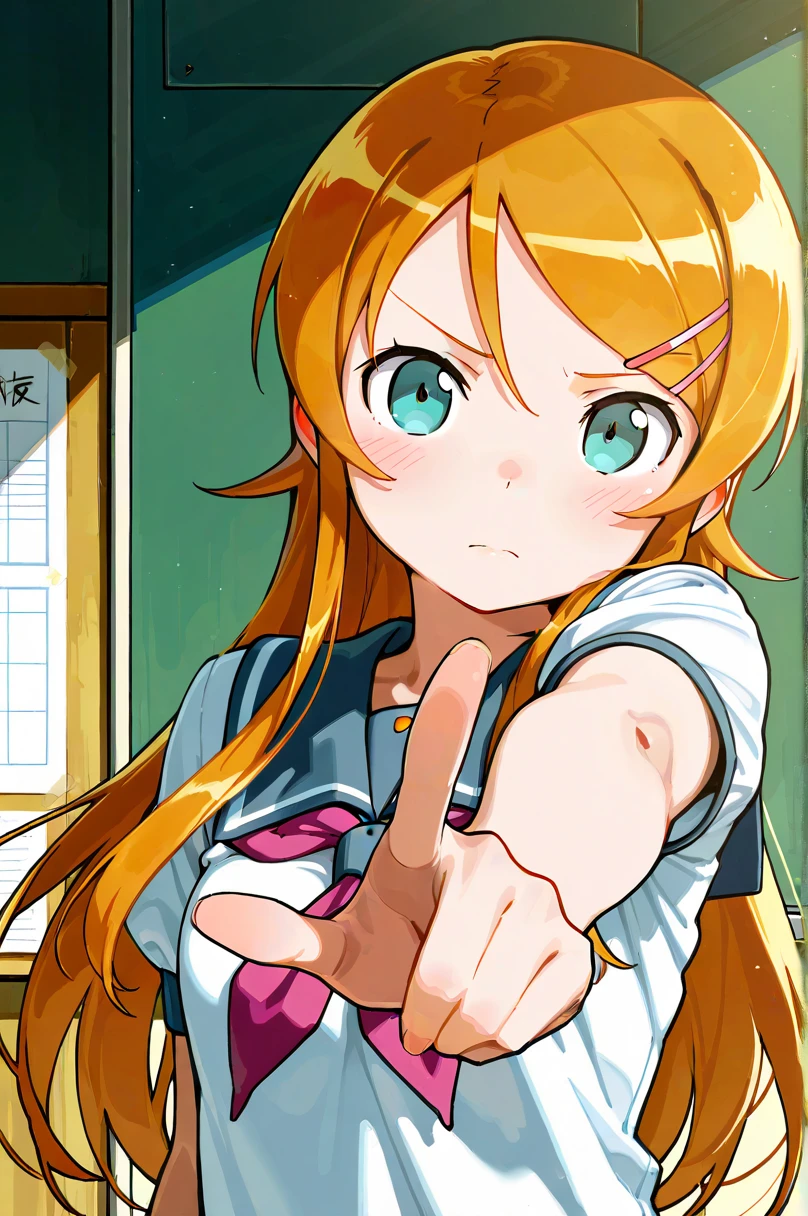  Masterpiece ,  top quality,  score_9,  score_8_up,  score_7_up, break ( 1 girl ,14yo, kousaka kirino, height 1.65meters , Slim 45kg, hair accessory with a star on the right eye, Alone,  long hair,upper body,MEDIUM BRAASTS :1.4,  hair clip , Orange Hair,School, sailor suit,Aqua Eyes,  blue eyes,break 視聴者を見ている、 zitoida,pointing at viewer