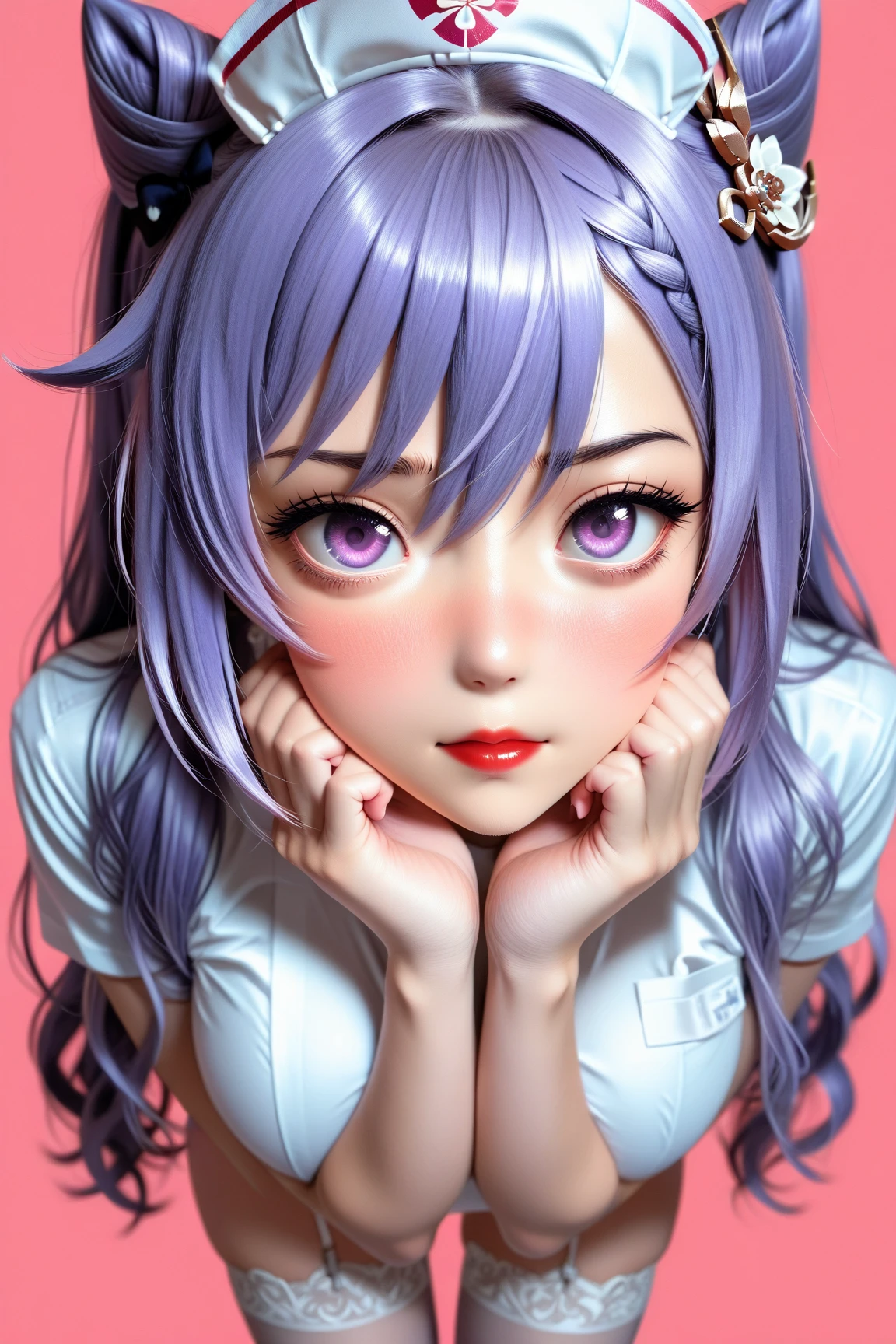 1 very young japanese girl, keqing from genshin impact, purple hair, purple eyes, length hair, blushing, Shy, Red lips, pale face, close up shot, Sweet, big breasts, best quality, ((masterpiece)), (detailed), vintage, elegant, chic, sophisticated, big expressive eyes, ulzzang, high school girl、Slender、Slender body、asian high school girl, solid pink background, heavy blushing, submissive, sexy pose,  nurse uniform, slender legs, thigh highs, skinny
