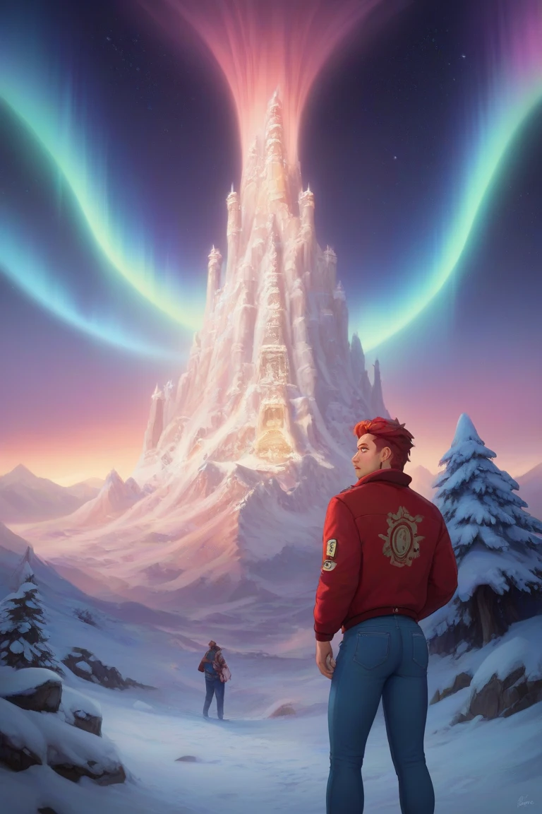 Create a beautiful view of a man wearing a red jacket and blue jeans while a bagpack behind him standing in a cave with snow on the ground, looking to the outside of the cave and there's a beautiful aurora in pink, yellow, green, blue, white colors with stars on the sky, Masterpiece, High Resolution, High Details, High Quality, UHD, Super Detailed, Award Winning, From Behind, 