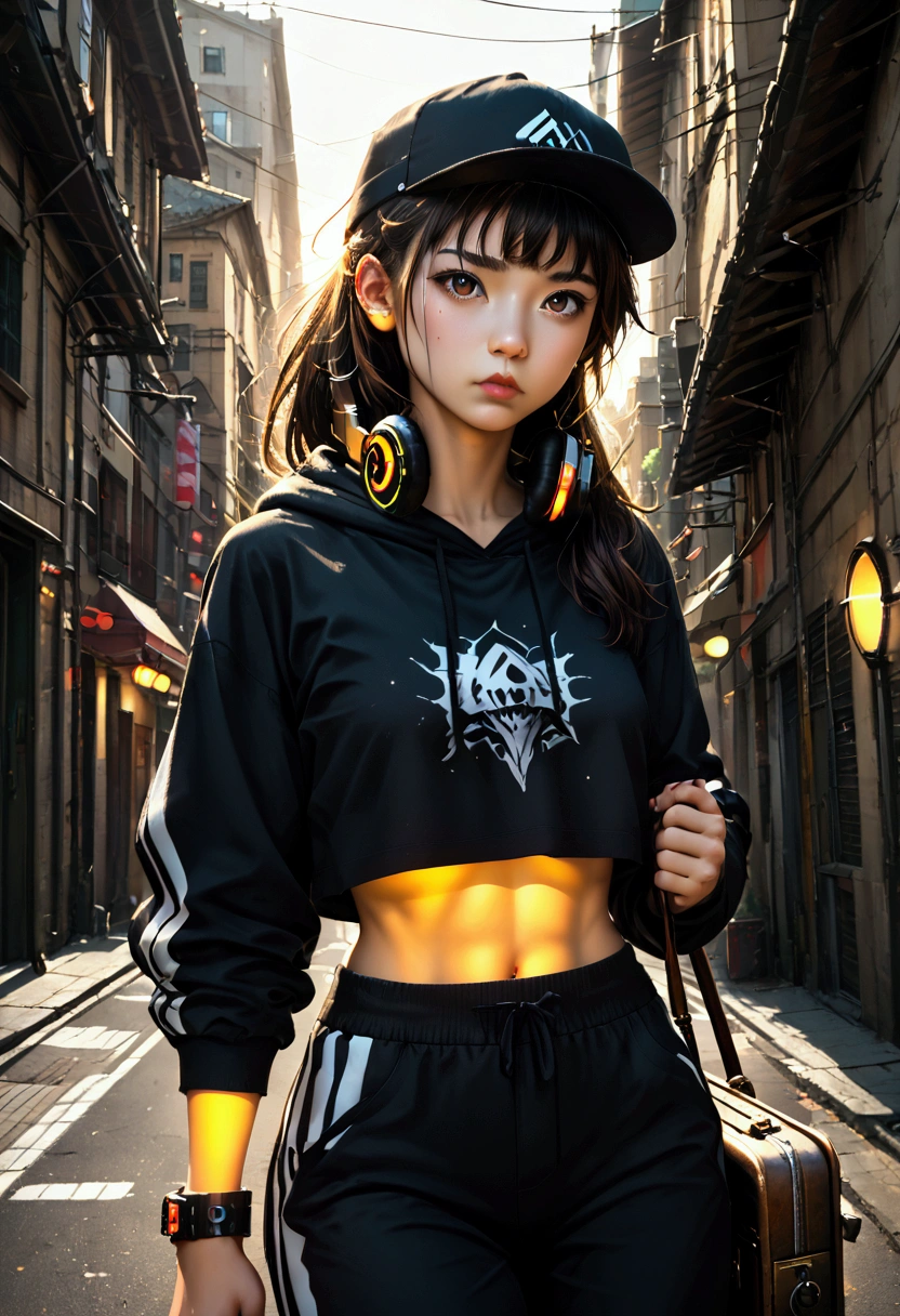 Anime style illustration of a young Asian woman, appearing to be a teenager, with long dark brown hair. She is wearing a black baseball cap, over-ear headphones, a black cropped hoodie, and dark gray sweatpants with white stripes down the sides.  Several bracelets adorn her left wrist, and she carries a dark-colored suitcase. Her expression is serious and slightly melancholic, with downcast eyes. Her body is slender with a slight curve to her waist. The woman is positioned slightly off-center, facing three-quarters to the viewer’s left, and her pose is relaxed yet suggestive of travel. The background features a softly blurred cityscape, bathed in a warm, golden light reminiscent of sunset or dawn, suggesting an urban setting. The overall style is a combination of realistic rendering and anime aesthetics. The colour palette consists primarily of neutral tones (black, grey, beige) contrasted by the warm lighting and glowing skin tones, adding a feeling of quiet contemplation and urban atmosphere.