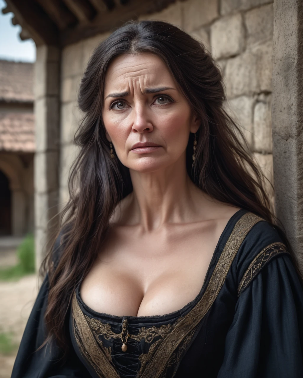 a portrait photograph of a pretty mid-age female, beautiful realistic photo, Look at 4K highly detailed art,  Big Breasts , look up, medieval European rural woman with dark hair,  medium hair,  very long hair, Mourning clothes、tears, crying expression , 