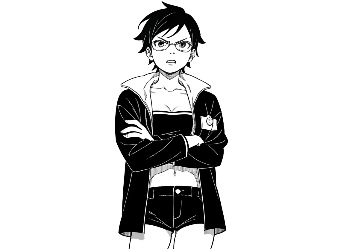 Nsfw, monochrome, manga_source, best background, detailed background, manga, grayscale, uchiha sarada, boruto_two_blue_vortex, post timeskip, Uchiha_sarada, solo, angry, standing, crossed arms, black hair, short hair, glasses, beautiful body, medium breasts, sexy legs, mikio ikemoto style, black crop_top, navel, open coat, black tiny shorts, empty bubble spech, hokage's office, 