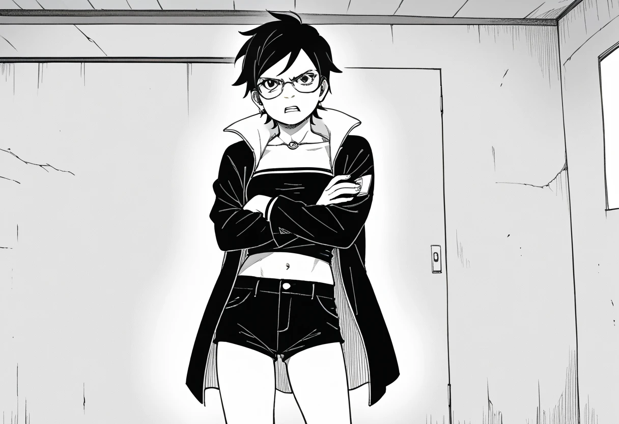 Nsfw, monochrome, manga_source, best background, detailed background, manga, grayscale, uchiha sarada, boruto_two_blue_vortex, post timeskip, Uchiha_sarada, solo, angry, standing, crossed arms, black hair, short hair, glasses, beautiful body, medium breasts, sexy legs, mikio ikemoto style, black crop_top, navel, open coat, black tiny shorts, empty bubble spech, hokage's office, 