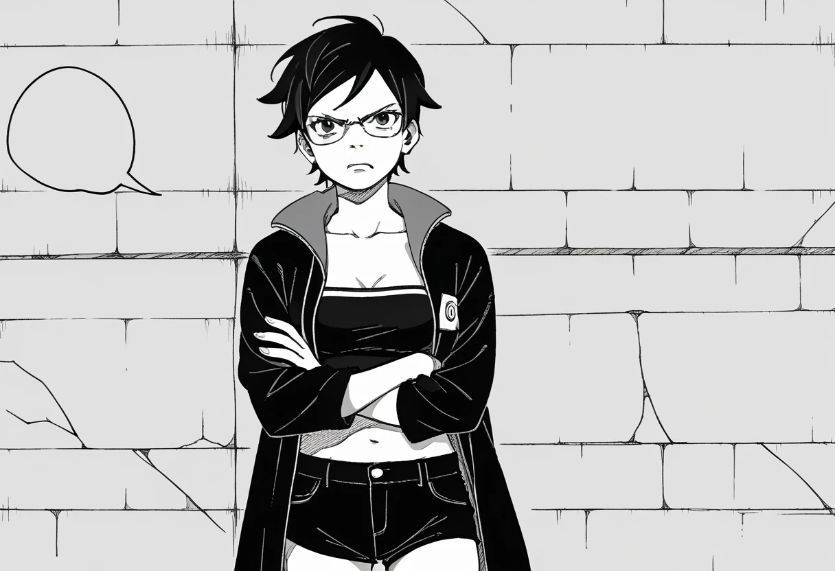 Nsfw, monochrome, manga_source, best background, detailed background, manga, grayscale, uchiha sarada, boruto_two_blue_vortex, post timeskip, Uchiha_sarada, solo, angry, standing, crossed arms, black hair, short hair, glasses, beautiful body, medium breasts, sexy legs, mikio ikemoto style, black crop_top, navel, open coat, black tiny shorts, empty bubble spech, hokage's office, 