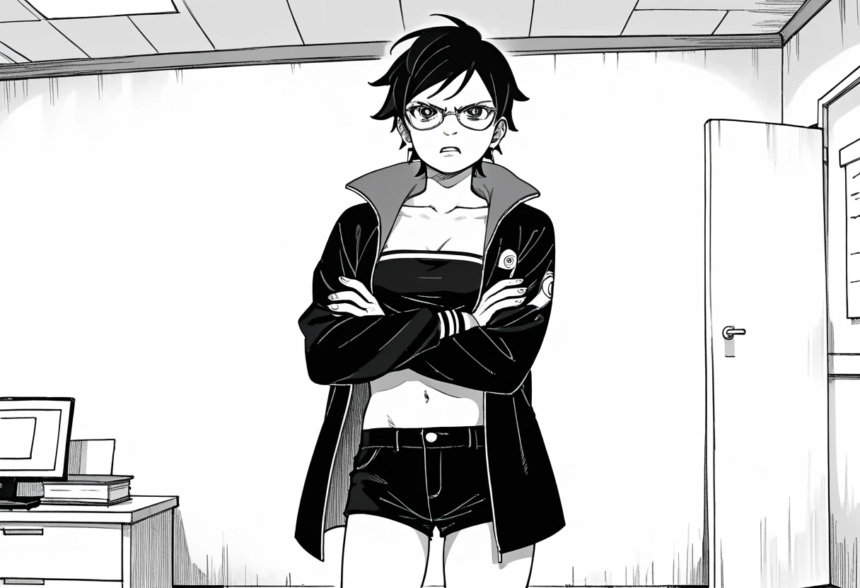 Nsfw, monochrome, manga_source, best background, detailed background, manga, grayscale, uchiha sarada, boruto_two_blue_vortex, post timeskip, Uchiha_sarada, solo, angry, standing, crossed arms, black hair, short hair, glasses, beautiful body, medium breasts, sexy legs, mikio ikemoto style, black crop_top, navel, open coat, black tiny shorts, empty bubble spech, hokage's office, 