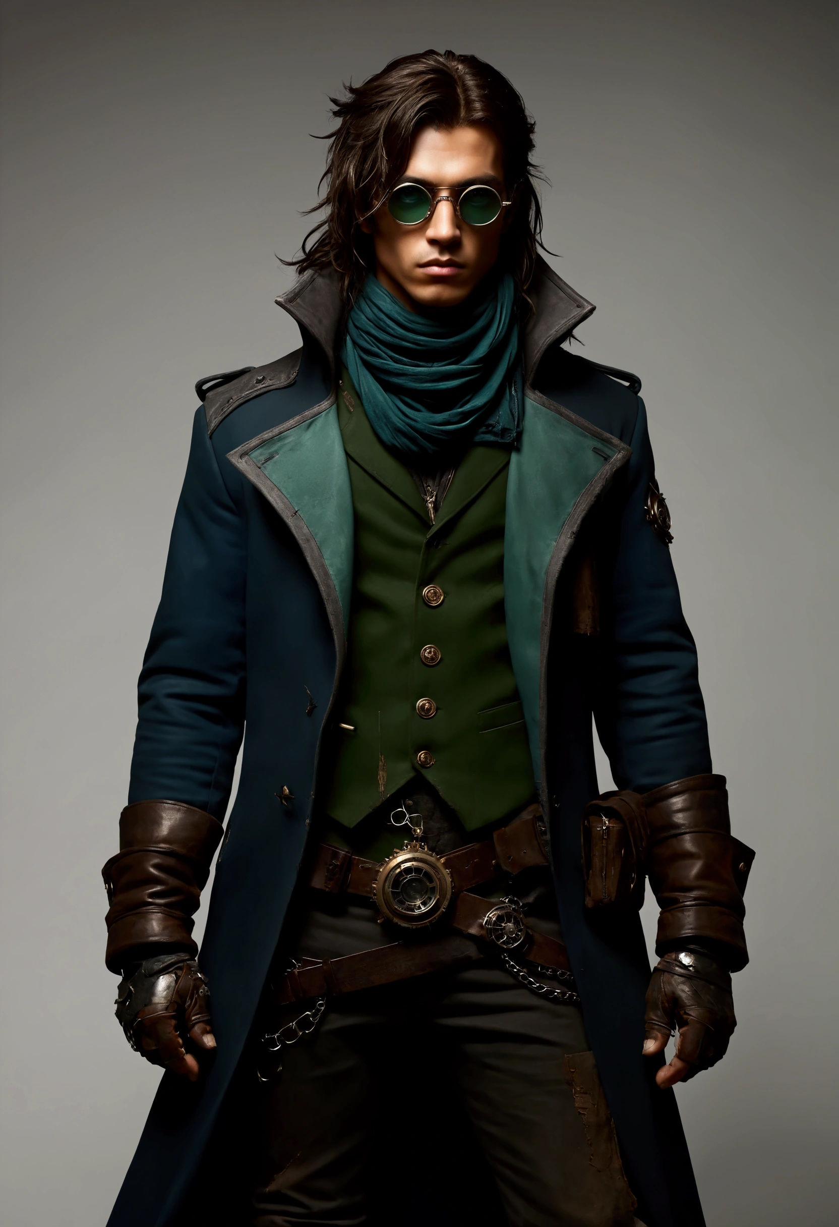 Four different views (front, top, back, and side) of a post-apocalyptic, Create a full-body male character concept art, a determined 21-year-old in a steampunk-space opera world. His long hair, inspired by JB from GOT7, is slightly disheveled and covers part of his face. He wears scavenged clothing that shows signs of wear—tattered layers, heavy boots, and a patched coat. His demeanor is serious and focused, reflecting his harsh experiences. He is always seen wearing interesting glasses, which hide his eyes and protect people from his powers. The design should combine steampunk aesthetics with futuristic tech, creating a mix of rugged and advanced elements in his attire. Cool and Dark Color Palette: Dark and muted tones can reflect your distant, serious personality with a complex emotional background. Main Colors: Ash gray and black: to represent hardness, uncertainty and your internal struggle. Dark blue or petrol blue: these cool tones can symbolize your reserved, mysterious and analytical nature. Accents: Silver or metallic gray: can be linked to the scientific/technological aspect of the world and the fact that your power is more mental and linked to perception. Pale emerald green: to highlight details of your design, especially related to your glasses, giving it an almost "cold but sensitive" touch, without being too warm.
