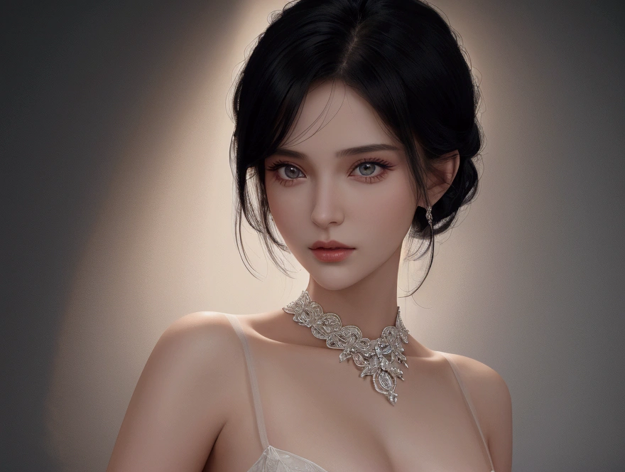 8K uhd、RAWphotograph, European race、(masterpiece、highest quality、Photorealistic、High resolution、photograph:1.3)、Close-up、Focusing、Hot Model、slim、30 year old mature woman、Small face、No makeup、Short Hair、Dark Brown Hair、Fine beautiful eyes、Real Skin、(perfect body)、Sexy hot face、Erotic、Sexual gaze、Detailed beautiful eyes、Glossy lips、large breasts、big breasts、Bust G cup、Realistic details、Cool beauty、Cool pose、Background gray、Plain grey background, see-through nipples, erect nipples,, ring earrings, necklace, (thick eyeliner), (eye shadow),(red lips), ((blush)), ((pointy nose)), smile, nsfw, sexy, skinny waist,