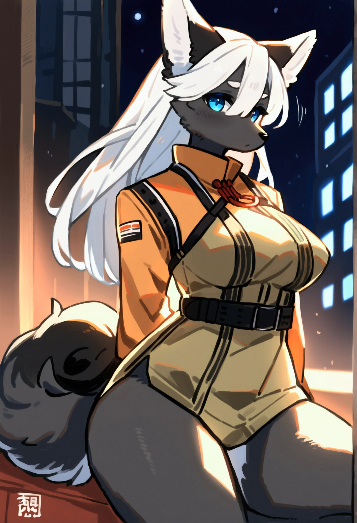 (obra maestra: 1.3), (mejor calidad: 1.2), (2D: 1.0), (anime: 1.0), (illustration: 1.0), (clear: 1.2), (midnight_environment), (club nocturno), (claro, brillante: 0.8), (empaste: 1.1), (ultra detallado: 1.0) (1boy, solo), (fox_girl, anthro furry: 1.6), (anthro_female_fox: 1.2), tetas grandes, gran pelaje, esponjoso, pelaje esponjoso negro y rojo detallado, luces neon, neon, cuerpo sexy, traje completo de licra, cubre bocas