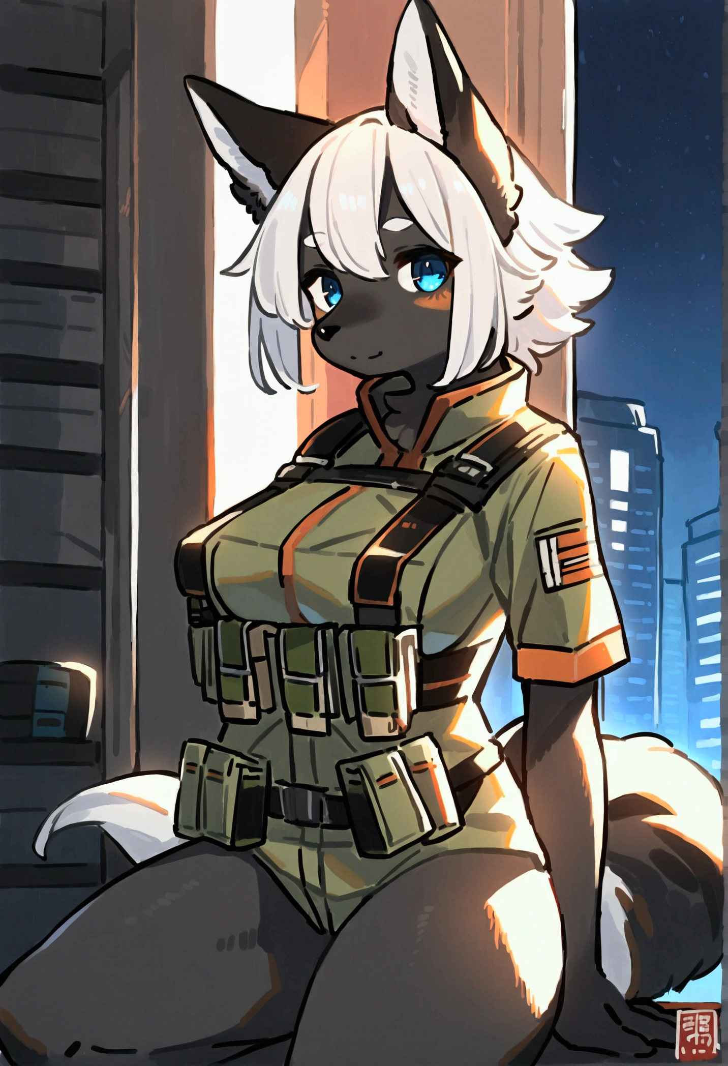 ((masterpiece, best quality)), (anthro furry:1.3, muzzle:1.2, anthro:1.3, furry:1.2, closeup:1.2, female solo:1.2, (wearing russian military coat) military pants, wearing glasses, fox spiraled in the colors of funtime foxy,five nights at freddy,white skin pink details, pink eyes, sexy position, desert ambient place,tank blimdado behind