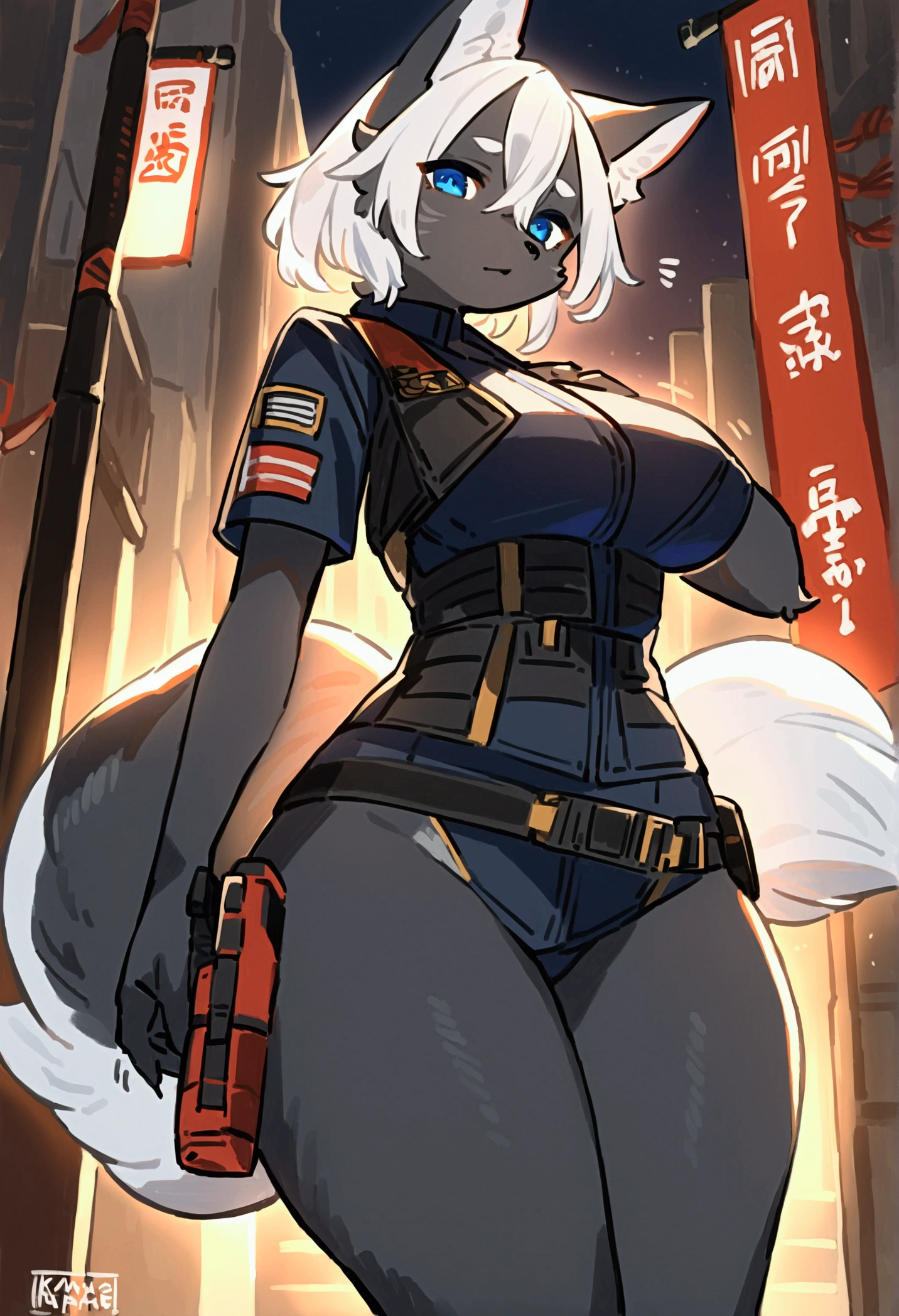 1girl, massive breasts and hips and butt, any outfit, any fur color and pattern [all colors and patterns allowed], any eye color and pupils [heterochromia allowed], any location, night, any pose, doing anything, sci fi weapon, perfect body, doing anything and any pose