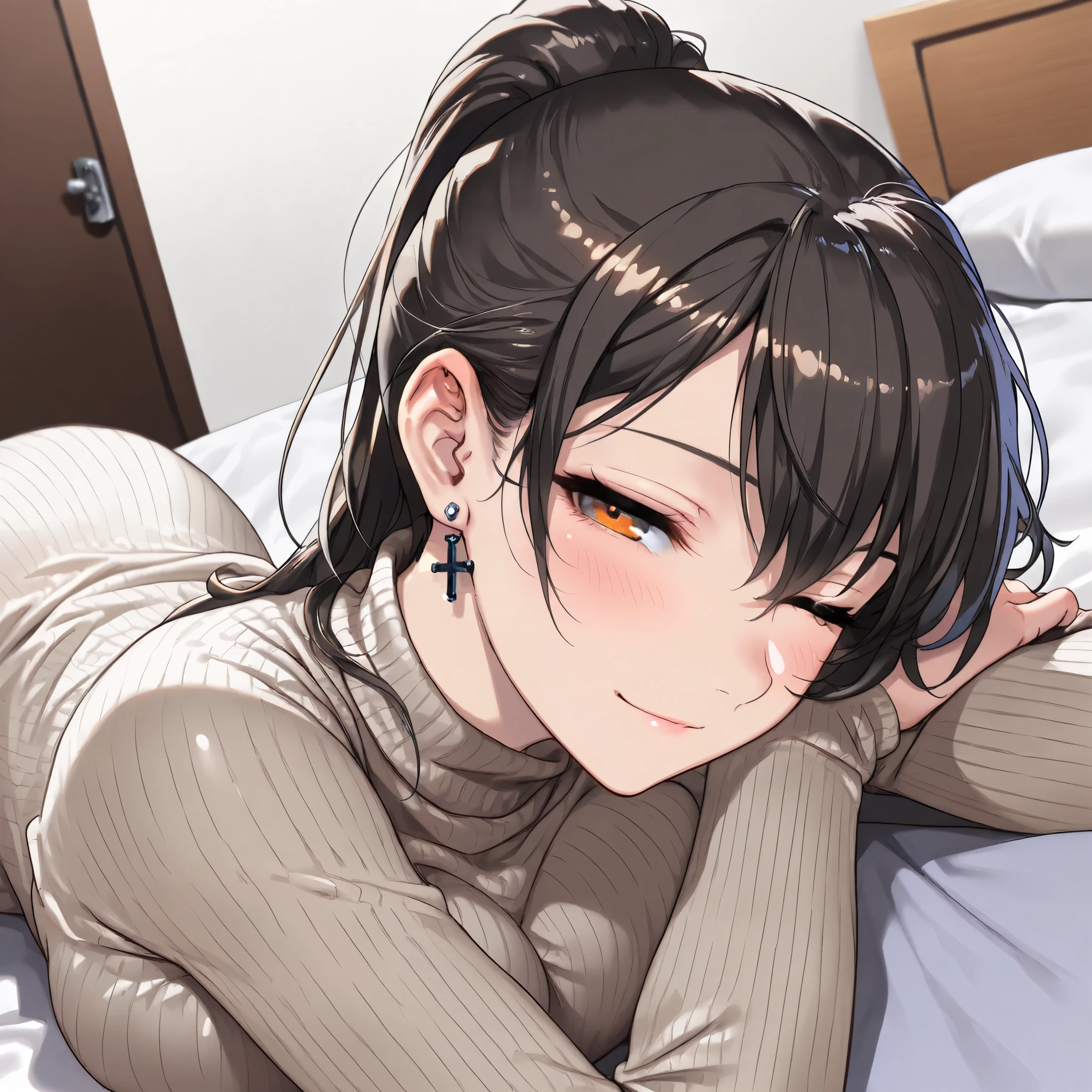 portrait, intense kiss, turtleneck sweaterdress, cute girl, solo, short hair, ponytail hair, Black hair with brown ends, orange eyes, large breasts, cross Pierced earrings, blush, flawless smooth skin, looking at viewer, light smile, one eye closed, half closed eyes, indoors, sitting, bedroom, bed, (best quality,4k,8k,highres,masterpiece:1.2),ultra-detailed,intricate details, high fashion, dramatic lighting, warm colors, chiaroscuro