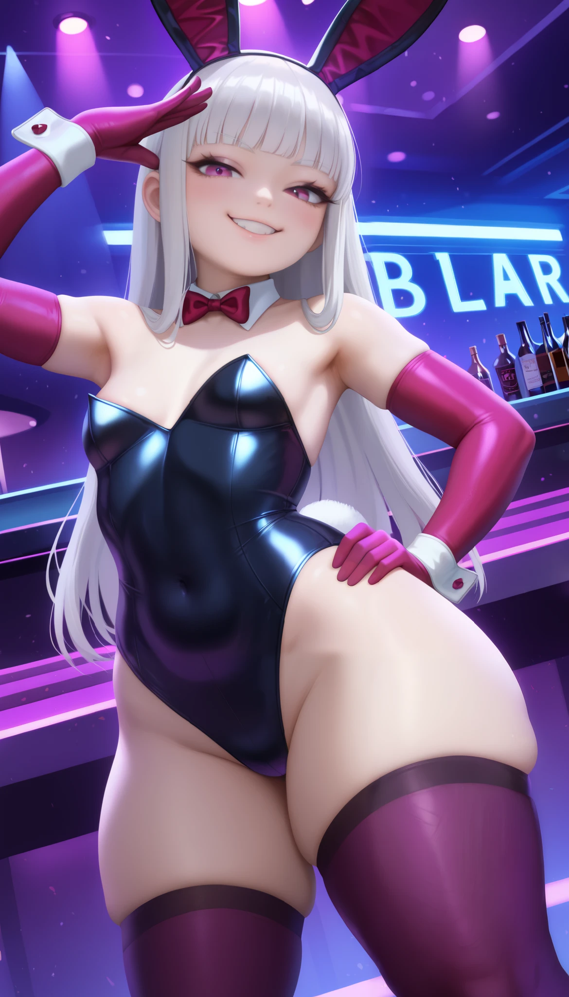 score_9, score_8_up, score_7_up, UHD --ar 9:16, dynamic angle, masterpiece, best quality, highly sexual poses, elinsdxl ,elinxl,1girl, solo, small animal ears, white hair, long hair, looking at viewer, skin indentation, blush, evil smile, smug, small breasts, bunnysuit, wide hips, thick thighs, elbow gloves, thigh highs, short, shortstack, sexy pose, curvy, photorealistic, perfect face, narrow shoulders, nightclub, SakimiStyle, front view, standing, hand on hip, arm raised,
