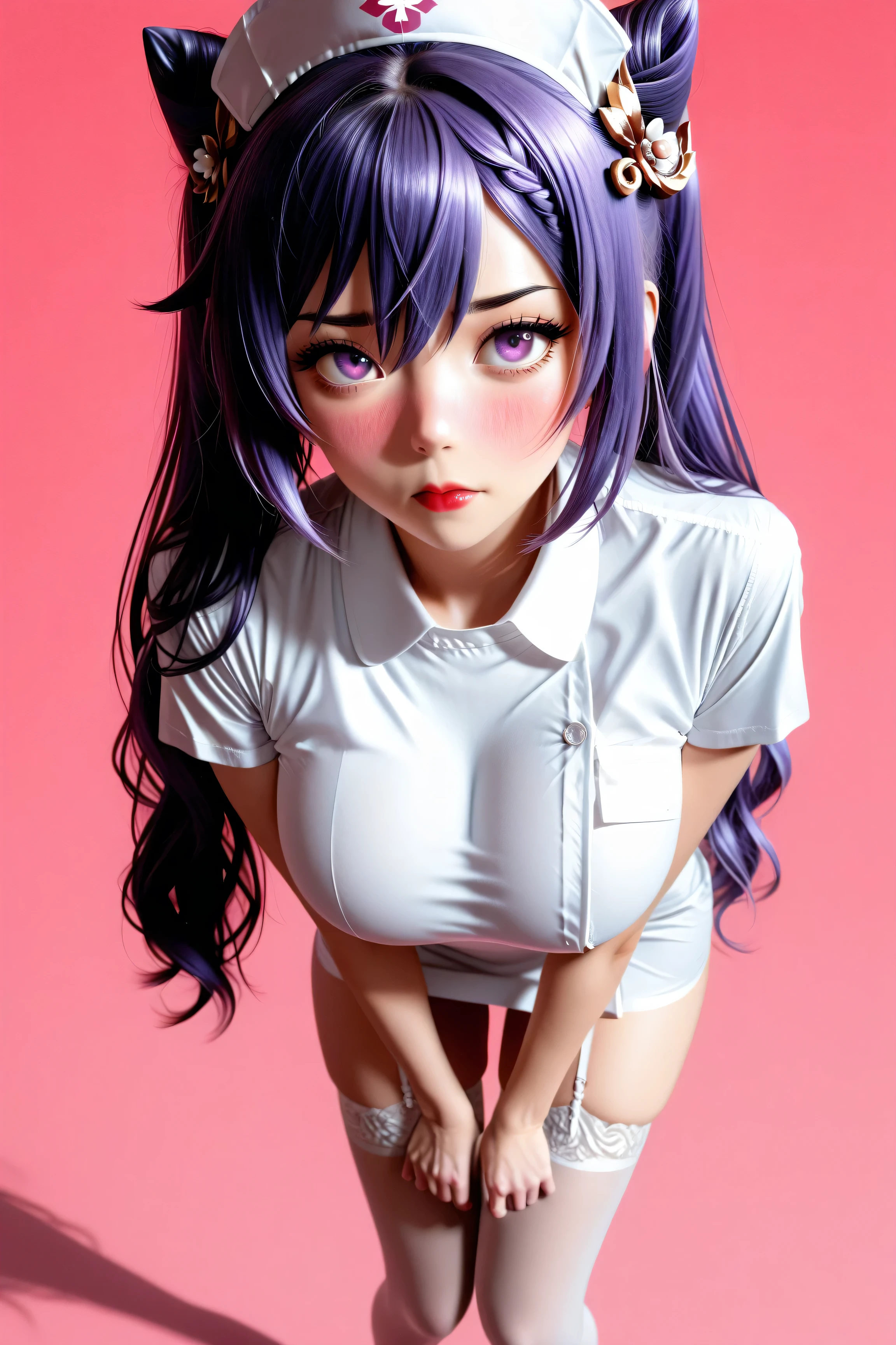 1 very young japanese girl, keqing from genshin impact, purple hair, purple eyes, length hair, blushing, Shy, Red lips, pale face, close up shot, Sweet, big breasts, best quality, ((masterpiece)), (detailed), vintage, elegant, chic, sophisticated, big expressive eyes, ulzzang, high school girl、Slender、Slender body、asian high school girl, solid pink background, heavy blushing, submissive, sexy pose,  nurse uniform, slender legs, thigh highs, skinny
