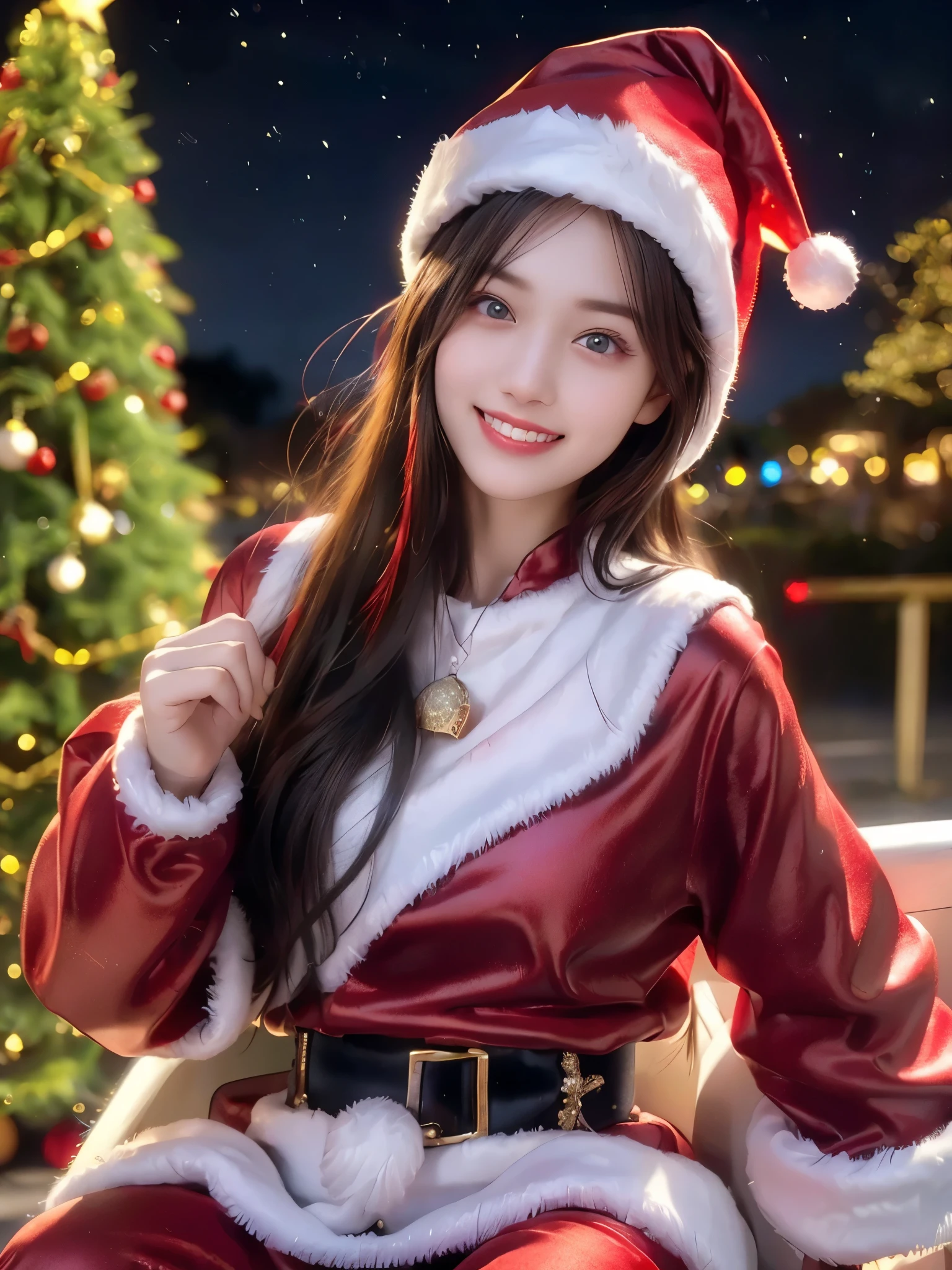 top quality、 super high resolution 、(Photographically: 1.4)、 beautiful eyes、 very beautiful in a chair 、 shiny hair 、Thin hair、 Merry Christmas 、 Christmas tree、smile、(( red Santa Claus costume 、Santa hat、Forehead))