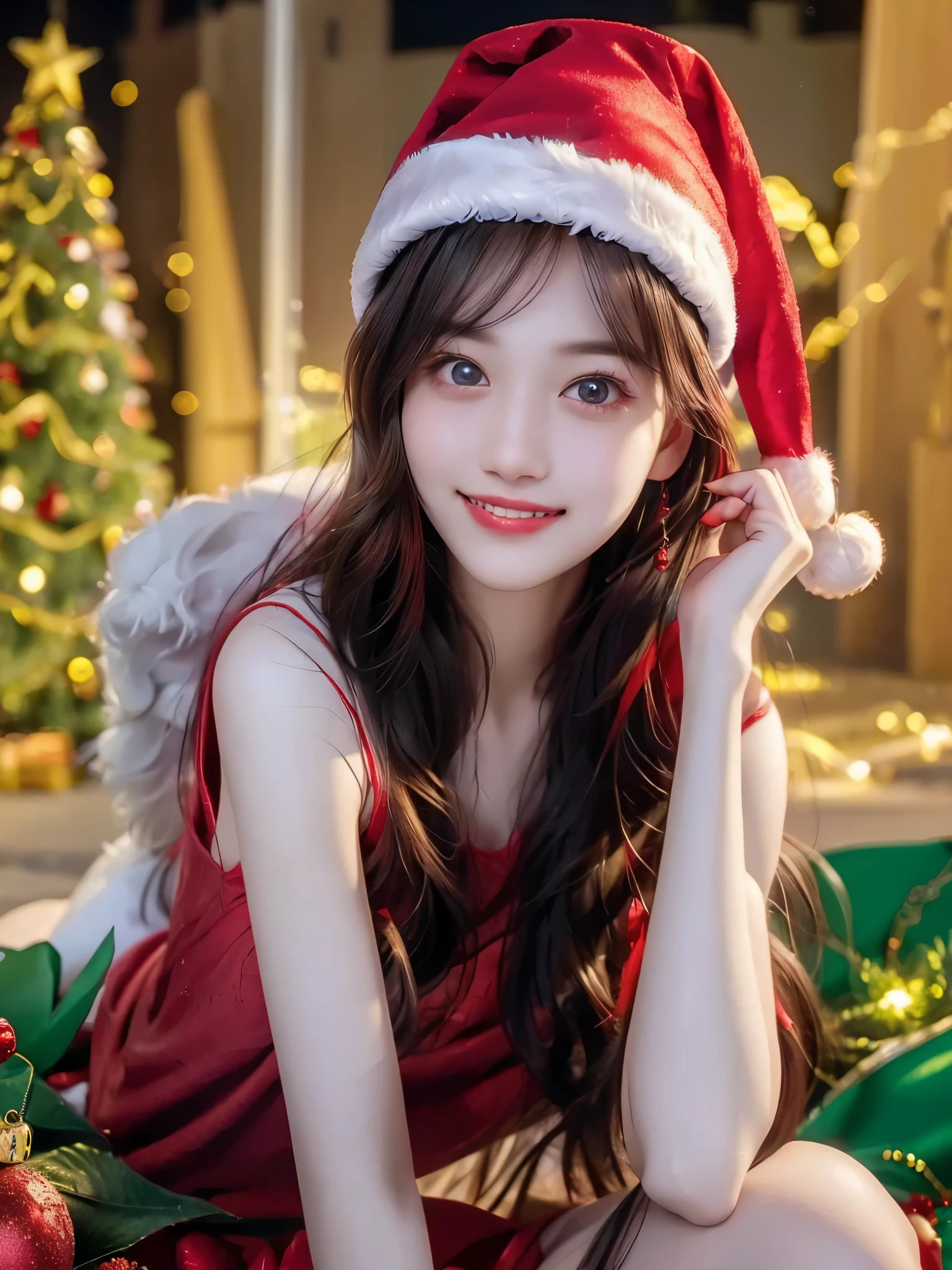 top quality、 super high resolution 、(Photographically: 1.4)、 beautiful eyes、 very beautiful in a chair 、 shiny hair 、Thin hair、 Merry Christmas 、 Christmas tree、smile、(( red Santa Claus costume 、Santa hat、Forehead))
