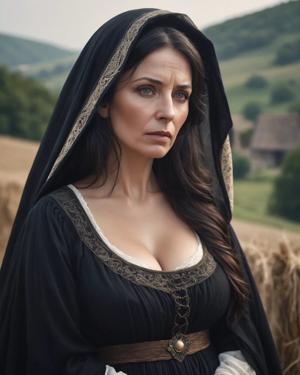 a portrait photograph of a pretty mid-age female, beautiful realistic photo, Look at 4K highly detailed art,  s Big Breasts , look up, medieval European rural woman with dark hair,  medium hair, Mourning clothes、Veil、sorrow