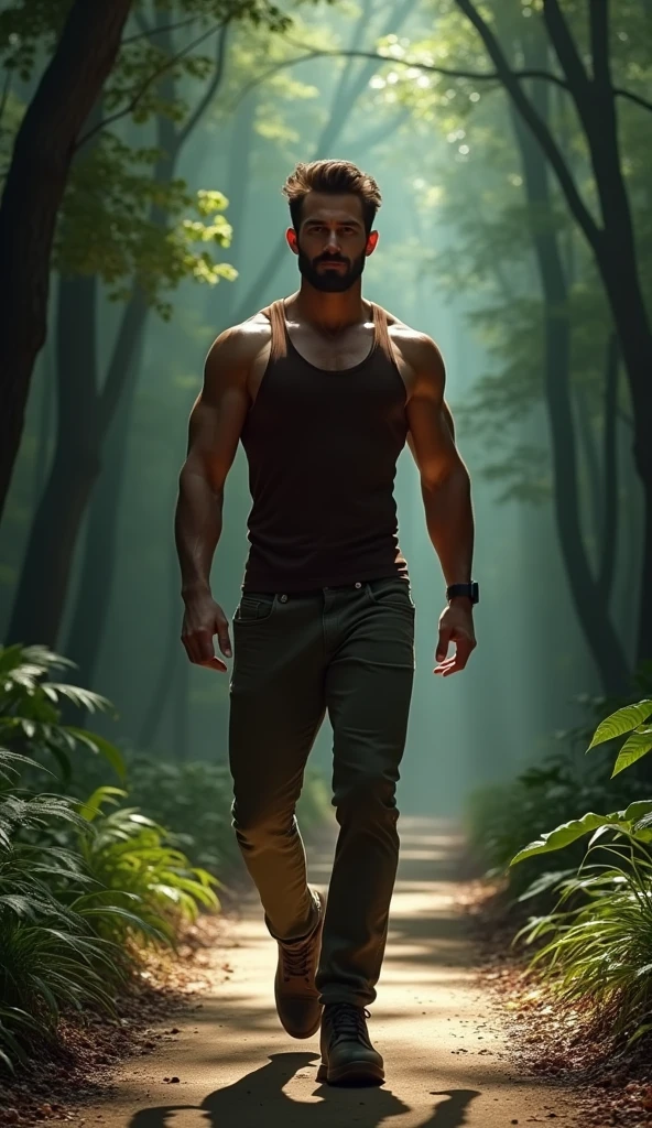 Naked man about 36 years old, normal complexion, velludo, with beard, walking in a forest with his attributes in the air