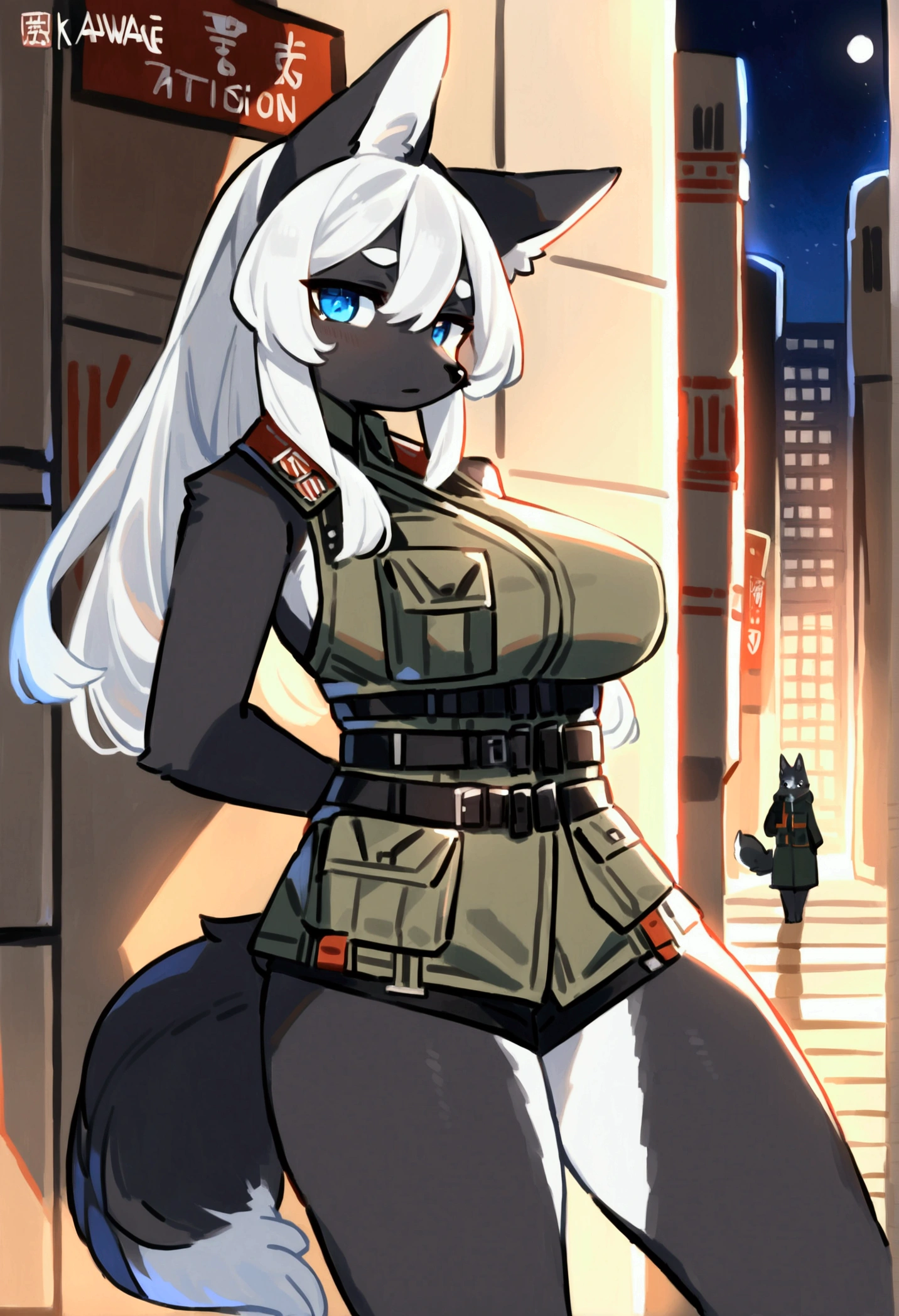 (((character body is grayscale))), fully enclosed undersuit, smaller waist and full squishy thighs, full wide hips, round full butt, smaller torso, more narrow torso, (((Tight tactical bodysleeve under clothing))), (((wearing tight fitted shirt))), (((dark-grey fur))), (((dark body))), (((no nudity))), solo, female, hair, fullbody view, (((detailed eyes))), silver reflective colored iris, city, golden hour, plants, (((by bebebebebe))), by buta99, by pgm300, by kishibe, by suurin 2, by sindoll, by secretly saucy, by ANUKI_ex, (((dark grey hair))), (((wavy hair))), (((dark grey fur))), (((no fur pattern))), (((all dark grey body))), (((black body))), feline, cat, glasses, scifi cyberpunk techwear cargo pants, tight bra with thin straps that struggle to hold breasts under jacket, techwear crop jacket with triangle decals, scifi devices and tactical gear, tech harness, utility focused clothing, Tight scifi tactical top, (((dark grey eyes))), open mouth, facing camera, standing, (((messy hair))), short hair, messy ponytail, with dark grey colored fur, full body covered in black fur, freckles on her thighs back and arms, no fluids, (((zzzz-cup size breasts))), (((very large swollen breasts that have difficulty fitting in clothing))), nipple silhouette from clothing, inverted nipples, puffy nipples, squishy nipples, squishy breasts, freckles on her thighs back and arms, overfilling swollen breasts, expanding breasts, inflating breasts