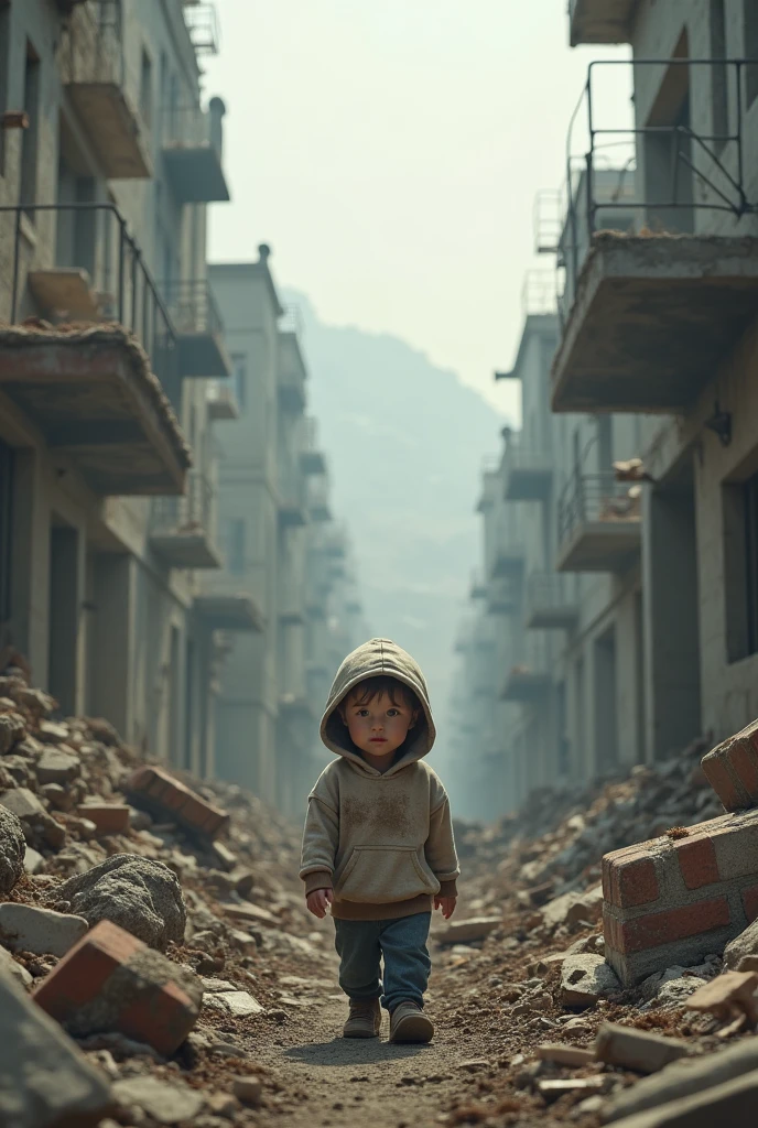 Discouraged boy walking in a post war setting