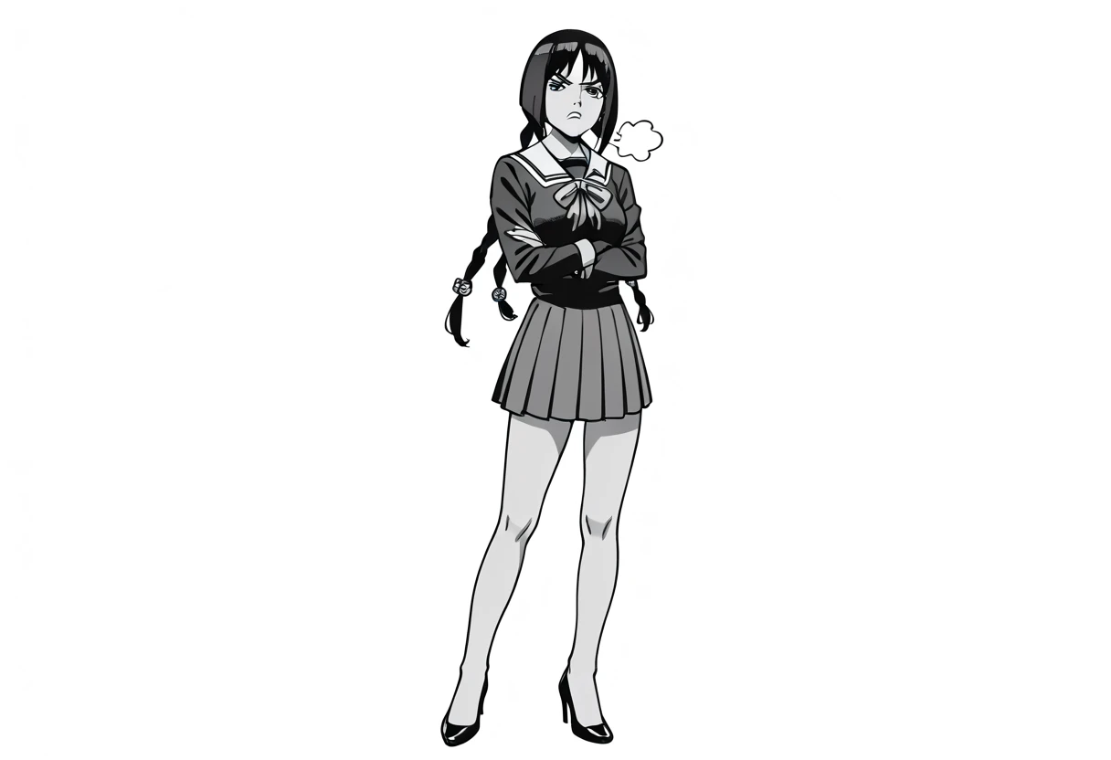 Nsfw, monochrome, manga_source, best background, detailed background, manga, grayscale, kakei sumire, boruto_two_blue_vortex, post timeskip, sumire kakei, solo, angry, standing, crossed arms, black hair, long hair, two big braids, beautiful body, medium breasts, sexy legs, mikio ikemoto style, school_uniform, black miniskirt, long legs, sexy legs, empty bubble spech, hokage's office, 