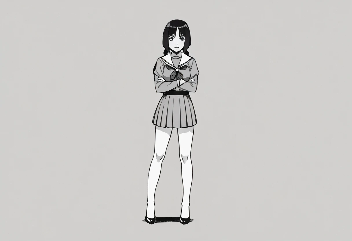 (masterpiece, best quality:1.2), front shot, beautiful 1girl, (super big breasts, micro waist, very long legs:1.4), Black hair, short bob hair, short height, scrawny and thin body, Light Skin, cute big eyes, cute beautiful thin face, forced smile, serafuku, mini skirt, Arched back, pigeon-toed, Embarrassing pose, Long and thin navel, thin belly, (beautiful visible ribs:1.3), wet and sweaty, piston machine, Trembling