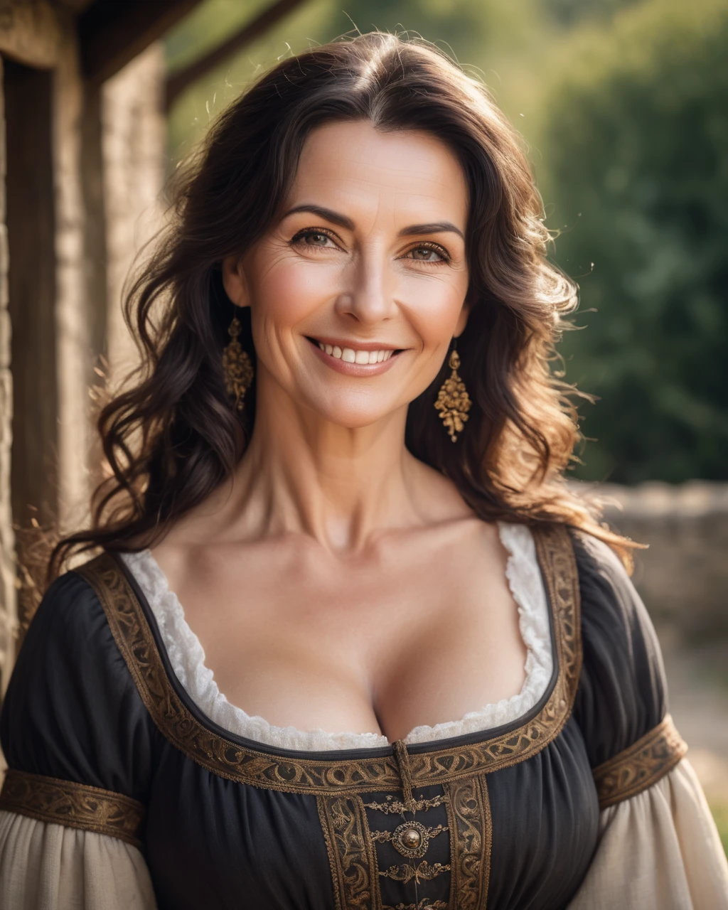 a portrait photograph of a pretty mid- female, beautiful realistic photo, Look at 4K highly detailed art,  smiles,  blush,  Big Breasts , look up, medieval European rural woman with dark hair,  medium hair,  widow