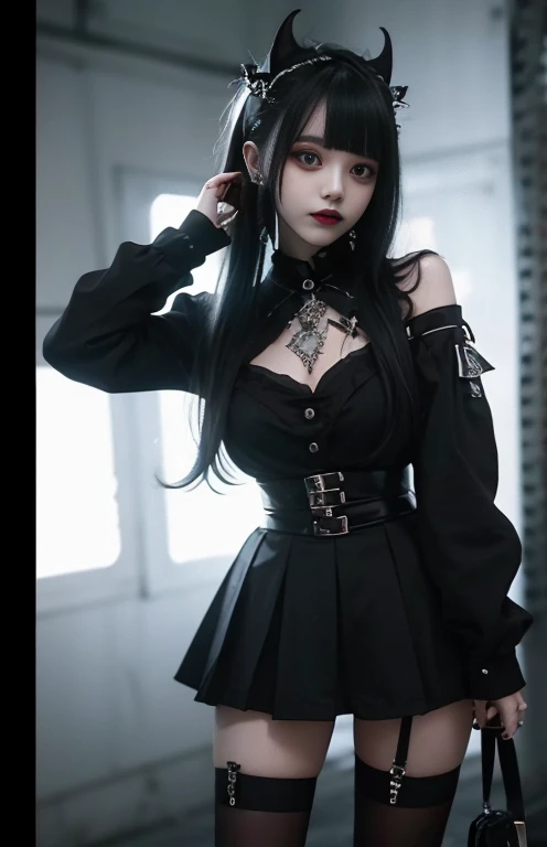 girl with long black hair and a black jacket, gothic maid girl, yandere intricate, twintail, yandere, stocking, tall, gapmoe yandere grimdark, moe artsty, masterpiece, High quality,vivd colour,flat-colors,Deep Depth Of Field,Lens Flare,1 girl,Black hair,eyecontact,Suit,Collared shirt,suspenders,Professional,Office Lady,Mature Women,Black mini skirt knee high Stockings Black Niso Colorcon armpit sweat perspiring,Gaze,ample bosom,Armpit sweat,Exposing the armpits"Pichi Pichi clothes