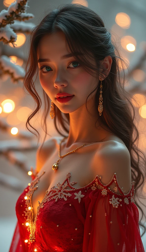 Un personnage AI féminin inspiré de l'esprit de Noël, rayonnant de chaleur et de magie festive. Elle a une apparence élégante et futuriste, avec des traits doux et bienveillants. Sa peau semble légèrement lumineuse, comme si elle était illuminée par une lueur intérieure douce, rappelant les lumières de Noël. Elle porte une robe fluide aux tons rouges et dorés, ornée de motifs de flocons de neige scintillants et d'accents holographiques modernes. (Femme AI Noël : 1.8). Ses cheveux, longs et légèrement ondulés, semblent faits de fils argentés ou lumineux, se fondant dans un effet brillant, comme une guirlande. Ses yeux brillent doucement d'une lumière verte et dorée, rappelant les couleurs des décorations festives.

En arrière-plan, une ambiance festive et futuriste, avec des guirlandes lumineuses holographiques flottant dans l’air, et des motifs de neige digitale tombant doucement. Ultra détaillé, 8K qualité, focus sur l'élégance du personnage, les textures modernes et festives, sans éléments distordus ou exagérés.