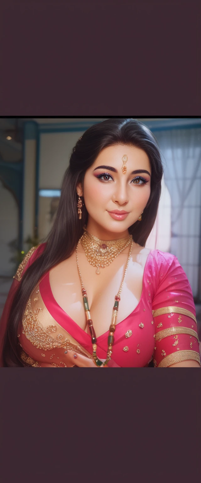 a close up of a woman wearing a pink blouse and gold jewelry, traditional beauty, indian, assamese aesthetic, attractive girl, indian goddess, very beautiful girl, assamese, cute beautiful, an attractive, with lovely look, trending on bbwchan, very attractive and beautiful, very attractive, provocative indian, sensuous, with cute - fine - face