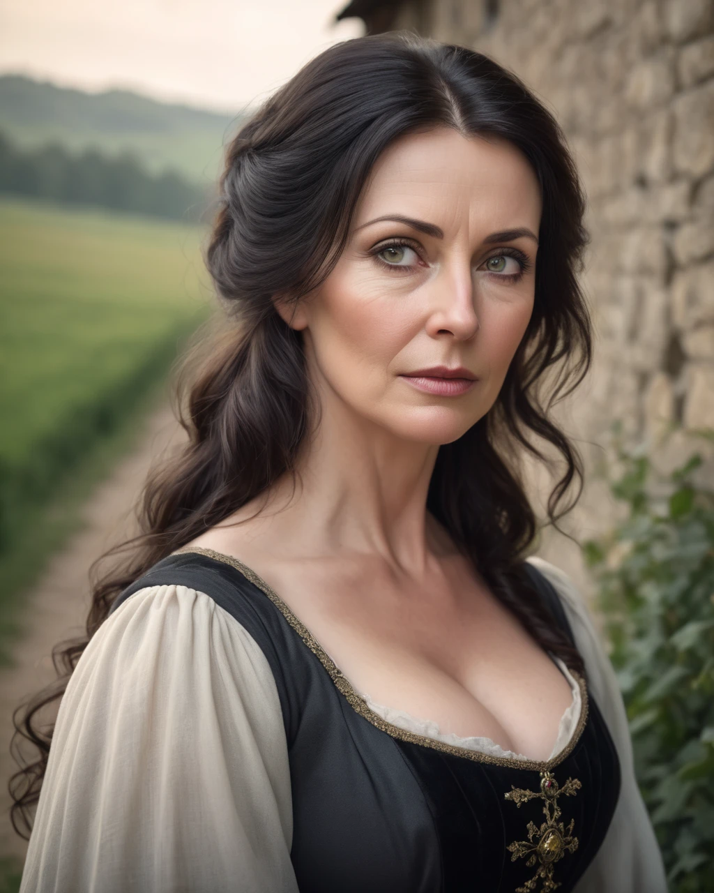 a portrait photograph of a pretty mid-age female, beautiful realistic photo, Look at 4K highly detailed art, blush,  Big Breasts , look up, medieval European rural woman with dark hair,  medium hair, Mourning clothes、 widow、Awkward, 