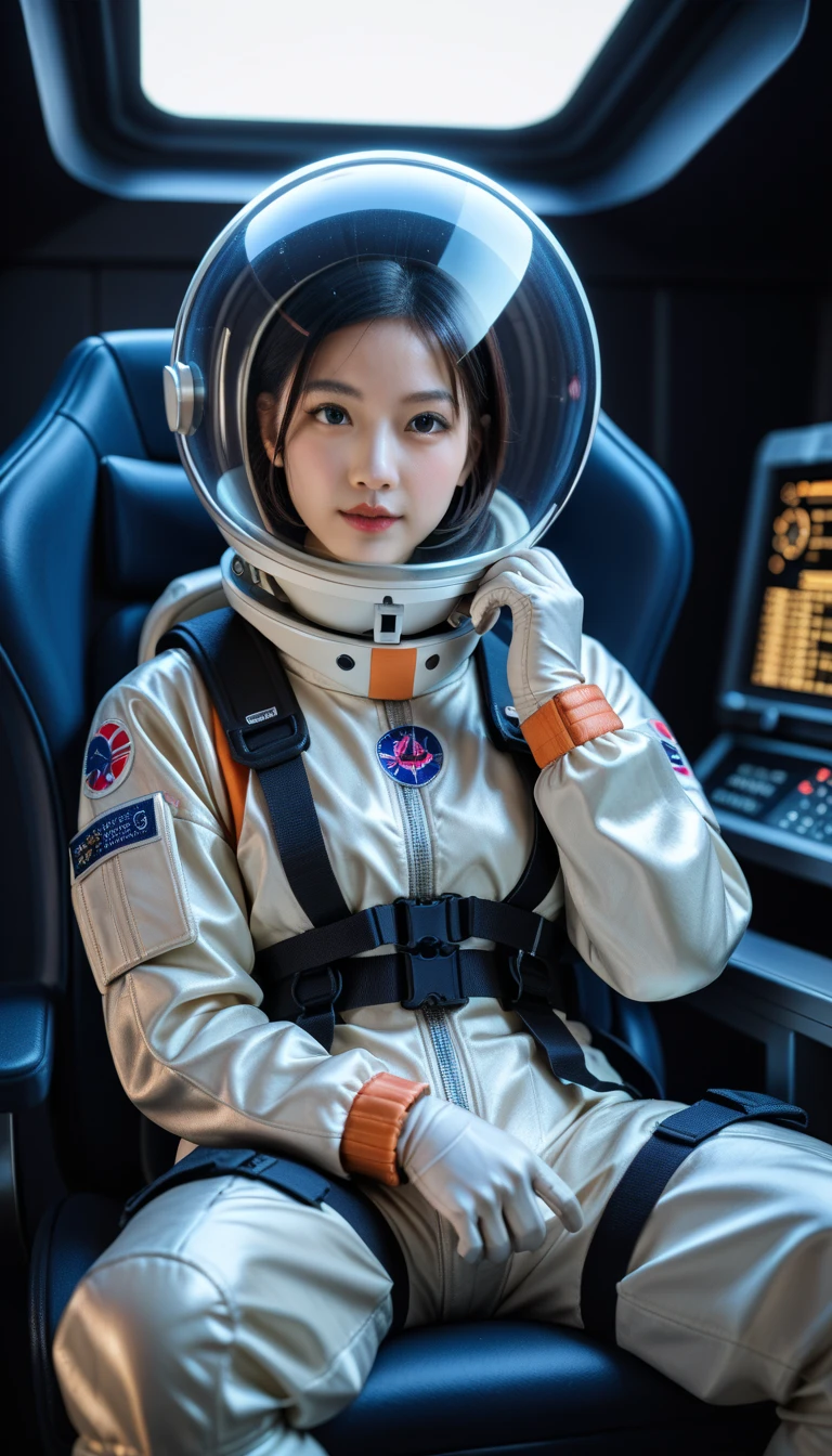 (8k, RAW photo, best quality, masterpiece), (photorealistic), outstanding details, (Cute Japanese girl , 20-year-old), mask eva helm, spacesuit , astronaut), bubble helmet, space helmet, (1girl:1.1) wearing a (spacesuit:1.15), , (ugh, wtf do these buttons do:1.3), inside the cockpit of a (futuristic spaceship:1.1), sitting in the captains chair, (intricate control panels:1.3), (gleaming metal:1.1), surrounded by many buttons and dials and gauges, (), concerned, beautiful 8k wallpaper, highly advanced, (sleek design:1.3), intricate, highres, superb, 8k wallpaper, extremely detailed, intricate,