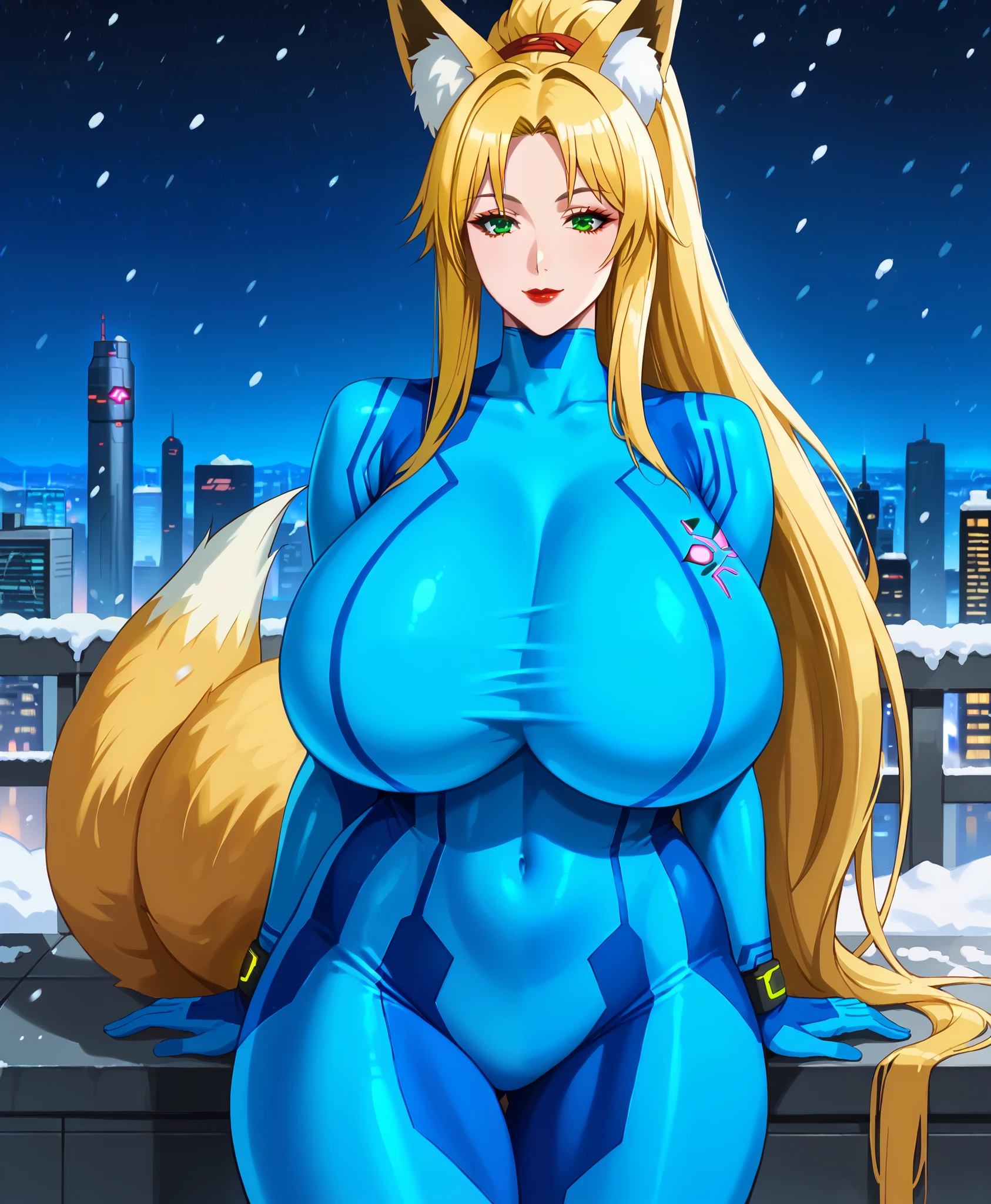 score_9, score_8_up, score_7_up, 1girl, milf, solo, monster girl,  kitsune, tamamo, (huge breasts:1.6), (((blonde hair), very long hair, long sidelocks, green eyes, parted bangs, fox ears, fox tail)), red lips, ((samusarancosplay, samus aran \(cosplay\), blue bodysuit, bodysuit, covered navel, skin tight, zero suit)), ((light smile), closed mouth), ((looking at viewer, futuristic cityscape, winter, snowy, night))