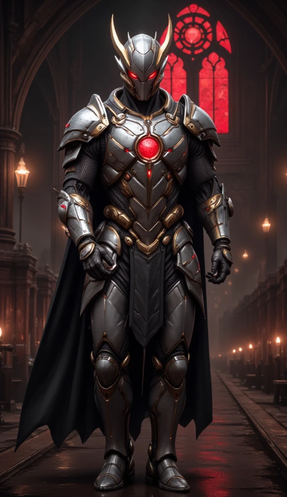  is possessed by a demon, a holy knight commander.A full-body image of an adult male . muscular body . wearing sacred white gold holy knight armor . Eyes Deep Red . standing inside a mysterious black and red church.Bold composition . full body image A deep red glow in the eyes。 He boldly stands in a mysterious black and red church ， composition underlines his majestic presence 。 lights are very striking ， shadows cast by him highlight his armor and the church's bizarre atmosphere ，Mecharobot，robot，Mecha， Cyberpunk 