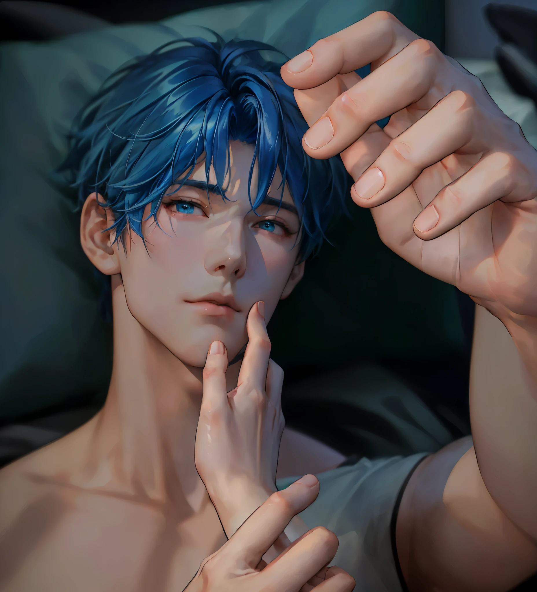 There is a man with blue hair lying in bed， hands on face ,  handsome anime pose ,  8K Artgerm Bokeh , artwork in the style of Gu Weiss, Cai Xukun,  Use your index finger , Gu Weiss, Gu Weiss masterpiece, Semi-realistic, Semi-realistic, 3D anime realism,  trending on cgstation 