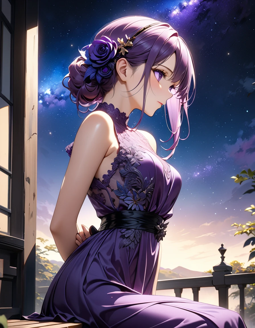 anime style, movieポートレート写真, 1 female, 30 years old, Full body Esbian, small and meager chest, bright purple hair, short hair, red eyes, wearing a plain purple dress, (natural skin texture vivid details, surreal, (realistic detailed eyes, natural skin texture, realistic facial details), soft and dramatic lighting,Neon Room、Depth of written boundary, Bokeh, vivid details, surreal, 35mm movie, hazy blur, movie,flashy purple nails、compensate、yellow eye background,clear eyes,the corners of the mouth rise、laughter、model pose,secret,back hand,back arm lock
