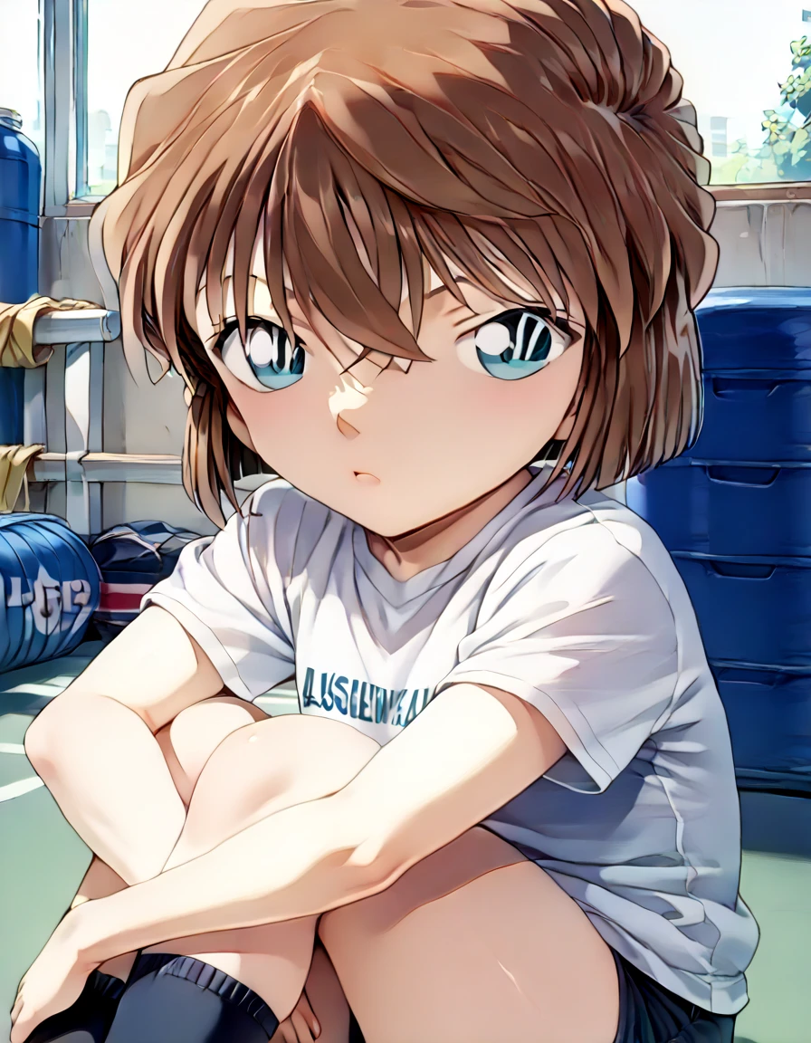 Masterpiece,,score_9,score_8_up,score_7_up,Haibara Ai,short hair,brown hair,blue eyes,hair between eyes,(((very little female:1.9, very little female:1.9 ))) , sports warehouse,white t-shirt , over knee socks ,black buruma ,anime coloring,anime screen shot ,1girl,1man,cum buruma ,penis between legs,back hug,more details 