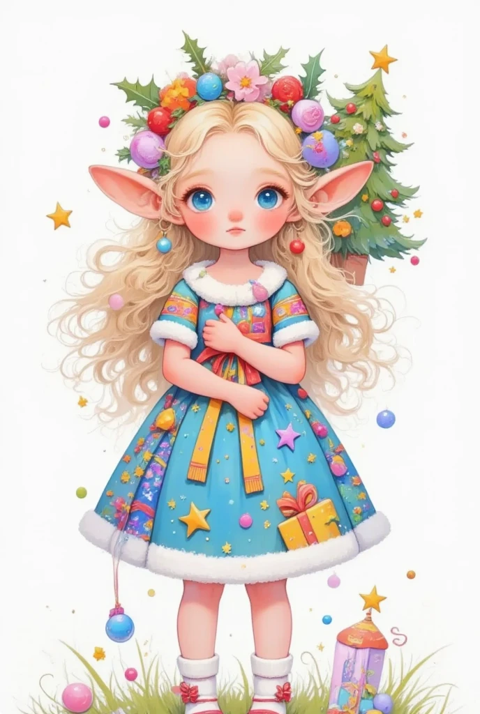 A girl in a Christmas dress is holding a Christmas tree and gifts, Mary Angell (Marie Angel) Pastel painting, Top trending on pixabay, Fantasy Art, little Elf Girl, Elf Girl, teen Elf Girl, Elf Princess,  Elf Beauty , Elf Girl wearing an flower suit, Pokemon tomboy , A little elf, 可爱的数字艺术,  Lovely Detailed Digital Art , Very beautiful portrait of an elf 