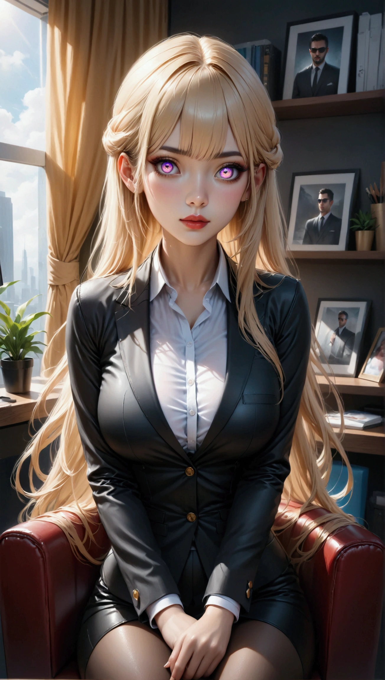 Melancholy lighting, Take it easy, calm, shine, masterpiece, best quality, 1 girl, (JinxLol: 1.2), (ultra photorealistic: 1.3), (masterpiece: 1.4), best quality, ((realistic)), high quality, Ultra Detailed, ((real image)), ((realistic skin)), ((realistic face)), (illustration: 1.05), (beautiful: 1.05), (beautiful detailed eyes: 1.05), (cinematic light: 1.1), full body, accurate proportions, 25-year old girl, CURVY model (wearing sexy outfit :1.6), (exposing big boobs:1.7), (sitting on the desk :1.7) (wearing glasses :1.2), (office setting :1.6), waves, BLOND hair fluttering in the wind, long legs, slightly open feet, butt, blushing, shyness, clavicle, abs, double texture, beautiful and delicate face, fair skin, real skin, (face detail), couples, super high res, 8k, parameters Best quality, masterpiece, super high res, (Realistic 2.0), more details, detailed skin, wide smile, white teeth, VOLUMINOUS GINGER BLONDIE hair, perfect and well-drawn eyes, girlfriend, cute, pretty, studio illumination, (((PERFECT EVEN EYES:1.2)))