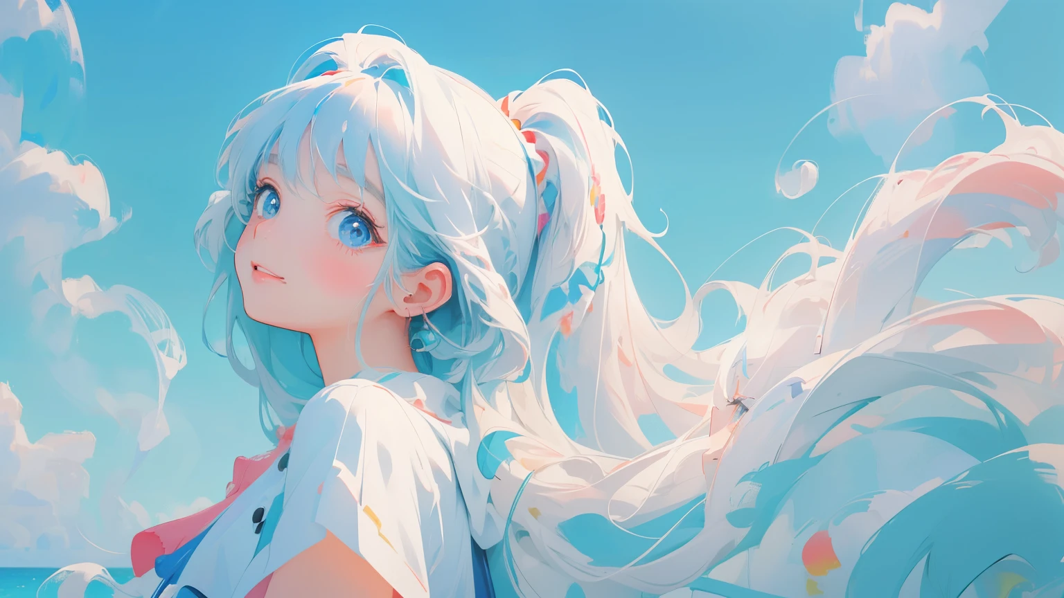 (masterpiece,  top quality,  Official Art :1.2), ( colorful ),  Perfect Anatomy,  staring at the audience , One Girl , Super cute face, White background, floating  colorful  water,  Ultra Fine Illustration ,  detailed ,  dynamic angle ,  beautiful details, 8k, 壊す smiling amidst the  colorful  scenes, ( high definition ),  anime style , ( fractal art :1.1),  pastel colors