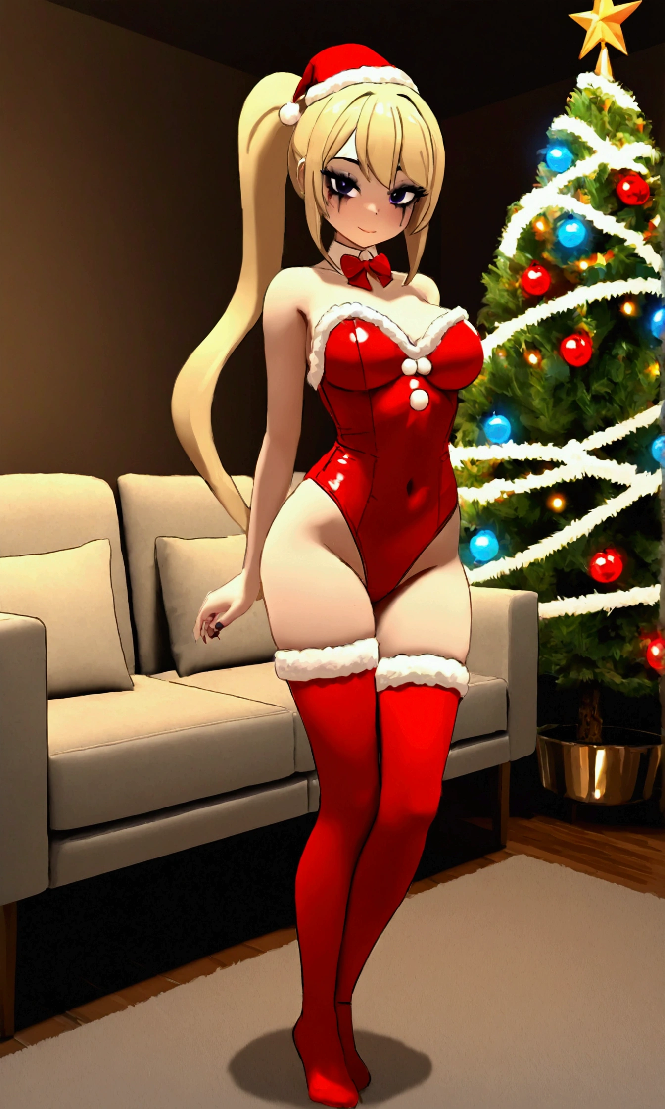 A cute woman (amazing figure, age 22, deep dark eyes, loud makeup, sexy Christmas outfit) is decorating a Christmas tree with blinking lights and ornaments, sultry, flirt, living room, show her from head to toe, full body shown
