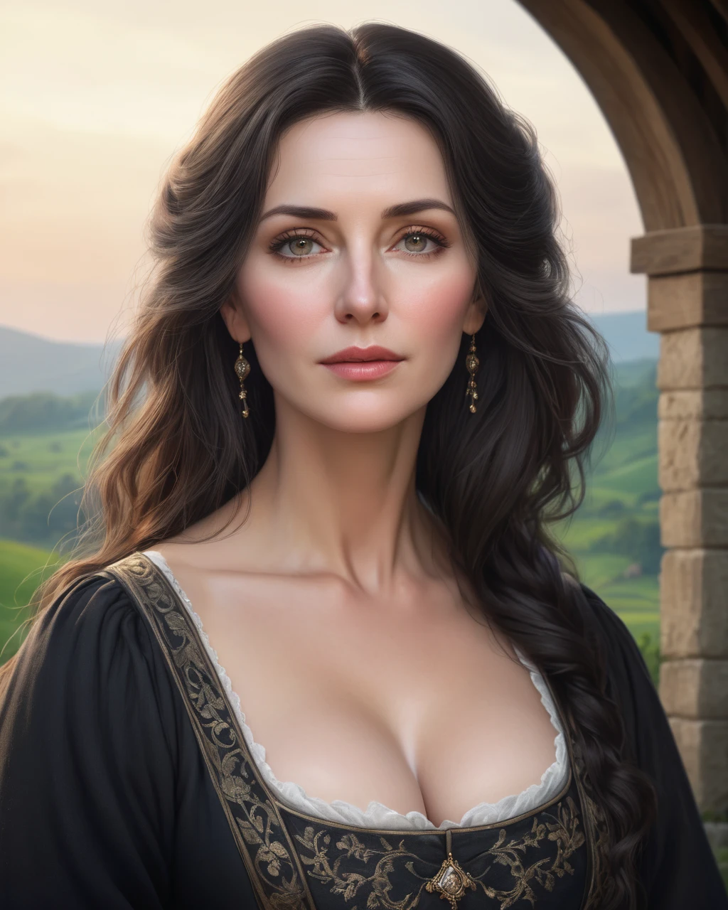 a portrait photograph of a pretty mid-age female, beautiful realistic photo, Look at 4K highly detailed art, blush,  Big Breasts , look up, medieval European rural woman with dark hair,  medium hair, Mourning clothes、 widow、唇を噛みしめる, 