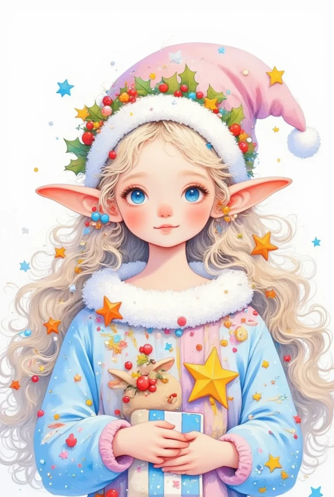 A girl in a Christmas dress is holding a Christmas tree and gifts, Mary Angell (Marie Angel) Pastel painting, Top trending on pixabay, Fantasy Art, little Elf Girl, Elf Girl,  Elf Girl, Elf Princess,  Elf Beauty , Elf Girl wearing an flower suit, Pokemon tomboy , A little elf, 可爱的数字艺术,  Lovely Detailed Digital Art , Very beautiful portrait of an elf 