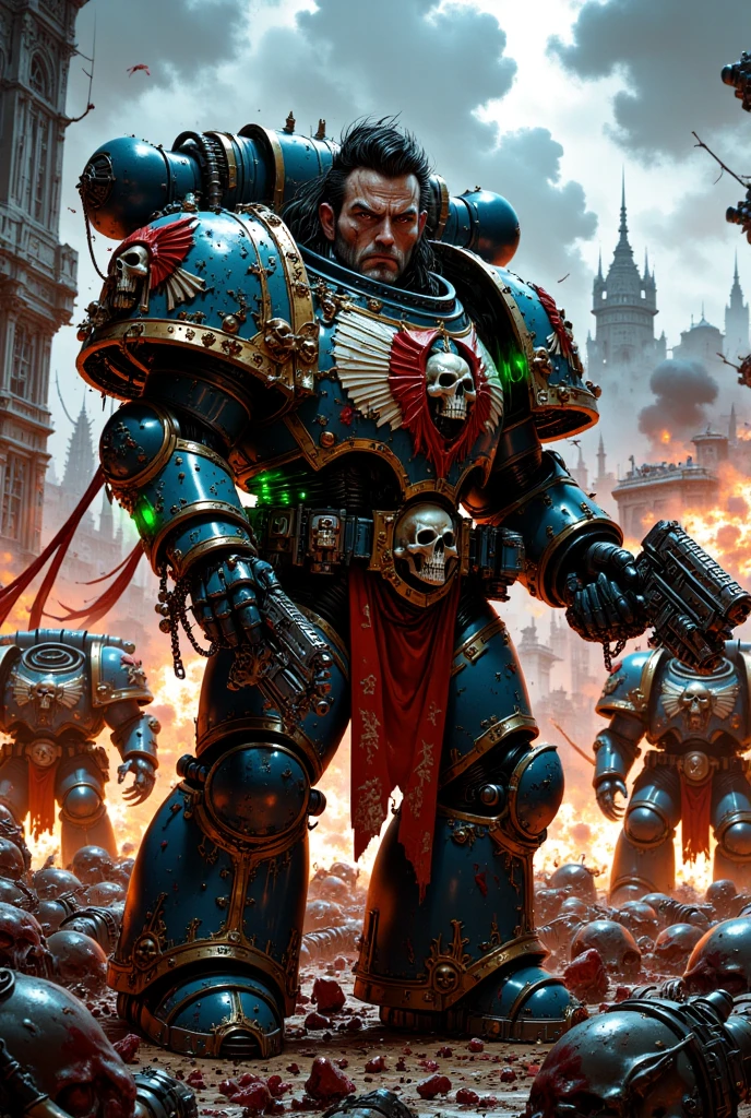 A hyper-realistic, cinematic image of a Warhammer 40,000 Ultramarine Space Marine in heavily damaged blue and gold power armor, adorned with purity seals and battle scars. His helmet is off, and his face is the focal point of the image—exhausted, blood-splattered, and emotionally drained, with deep cuts, bruises, and a look of pure exhaustion and battle-weariness. His eyes are sunken but fierce, showing a man beaten by endless bloodshed yet refusing to surrender.

The Space Marine stands in a war-torn, burning battlefield, surrounded by dynamic and brutal combat. Necrons—skeletal, metallic warriors with glowing green eyes—advance relentlessly, firing green gauss beams that slice through the air, hitting nearby debris and fallen Ultramarines. Some Necrons are exploding into twisted shards from bolter fire, their glowing innards spilling out, while others charge forward menacingly with their weapons raised. The Marine’s bolter gun is mid-fire, smoke billowing from the muzzle, muzzle flashes illuminating his face, and spent shells flying through the air.

The scene is filled with gore and chaos: the ground is littered with shattered Necron bodies, fallen Space Marines, pools of blood, and smoldering debris. Explosions erupt in the background, with fire and ash filling the air, creating a stark orange and red glow that contrasts against the green energy beams of the Necrons. Pieces of broken armor and weapons are strewn across the terrain, and the distant skyline shows a ruined alien city collapsing under bombardment.

The lighting is harsh and gritty, with shadows cast across the Marine's scarred face, emphasizing his anguish and determination. Dust, smoke, and embers fill the air, with motion blur capturing the intensity of the ongoing battle. The image is hyper-detailed, photorealistic, and shot as though taken on an iPhone camera in the middle of the carnage, with a shallow depth of field keeping the Marine’s face sharp and the chaotic background slightly blurred