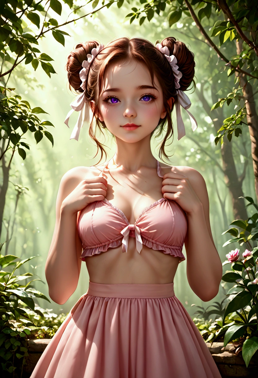 A young woman, appearing to be of East Asian descent and in her late teens or early twenties, with shoulder-length brown hair styled in two high buns adorned with delicate white ribbons, is the focal point.  Her skin possesses a soft, luminous quality, accentuated by subtle blushing on her cheeks.  She has large, expressive violet eyes that convey a gentle, playful mood. Her expression is one of sweet, innocent delight. She is dressed in a light pink bikini top with a delicate bow at the center and matching ruffled bikini bottoms. A light pink, frilled skirt adds to her summery attire.  Her pose is slightly angled, one hand gently raised, presenting a cheerful and approachable demeanor. The background is a lush, verdant garden with soft, dappled sunlight filtering through the leaves.  Stylized white snowflakes subtly drift around her, contributing to a dreamy, ethereal atmosphere. The overall style evokes a soft, romantic feel with a touch of magical realism, reminiscent of contemporary digital illustration.  The color palette consists primarily of soft pinks, greens, and whites, with warm lighting highlighting her features.  The artist uses a smooth, painterly style with delicate line work.  The image has a slightly low-angle perspective, emphasizing the subject's figure. The image exhibits a warm, inviting, and cheerful mood, suggestive of a summer day in a secret garden.
