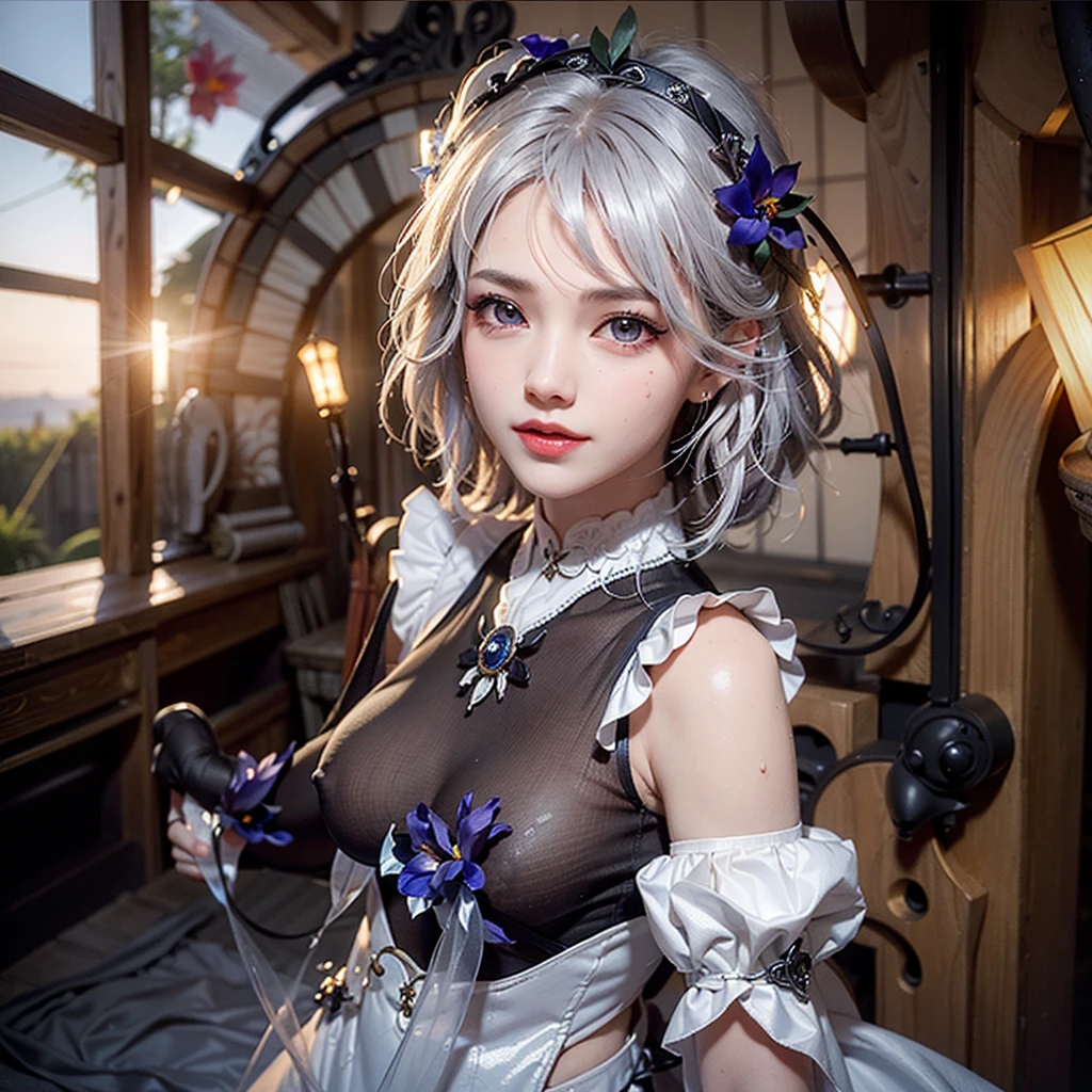 highest quality、8k Masterpiece、超A high resolution、(Photorealistic:1.3)、RAW Photos、1 girl、Silvery white hair、Glowing Skin、1. Super-beautiful Cyberpunk Soldiers、((Ultra-Realistic Details))、Portrait、Global Illumination、Shadow、Octane Rendering、8k、Super sharp、Beautiful breasts、Metal、Cold colors、、Very intricate details、Realistic Light、CGSoation Trend、Beautiful Eyes、Shining Eyes、To the camera、Neon Details、16age、Very Short Hair、Obscene、wide shot、full body、Silver charm on the ankle、sexy、smile、Young body shape、Maid clothes、Cosplay、sexy、Sexy、Moe、very cute、cute