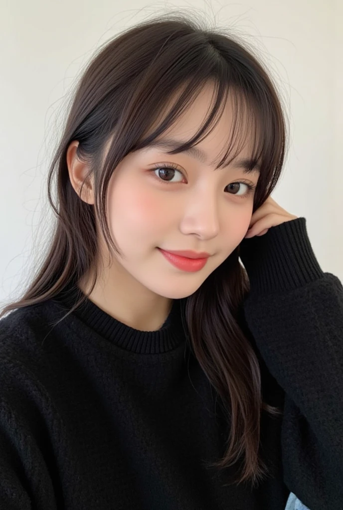 cropped woman with bangs and a black sweater posing for a photo Joy Red Velvet, Park Soo-young do Red Velvet , portrait of Park Soo-young do Red Velvet, Park Soo-young do Red Velvet, joy do Red Velvet , Joy Red velvet , Mulher sul-coreana bonita. selfie shot.