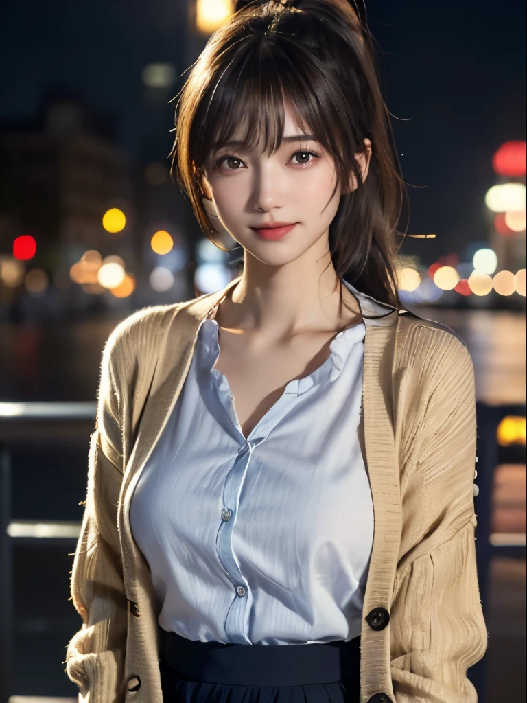  One Girl ,(employment.repair:1.4)、( colored shirt :1.4), ( cardigan :1.3),( Long Skirt:1.3)、( RAW photo,  top quality), ( realistic ,  Photorealistic:1.4), ( hair is disheveled,   asymmetrical bangs that grab the chest,  dark brown hair with open eyes, ponytail:1.3),smile、   Very Delicate and Beautiful  , 非常に Detailsな, 8k wallpaper,  amazing,  Details, 非常に DetailsななCG Unity,  high definition , Soft light,   beautifully illustrated in every detail of a 19 year old girl, 非常に Detailsなな目と顔,  nose expressed in beautiful detail,  beautiful delicate detail , movie lighting,City lights at night, Perfect Anatomy, slender body ,  Big Breasts